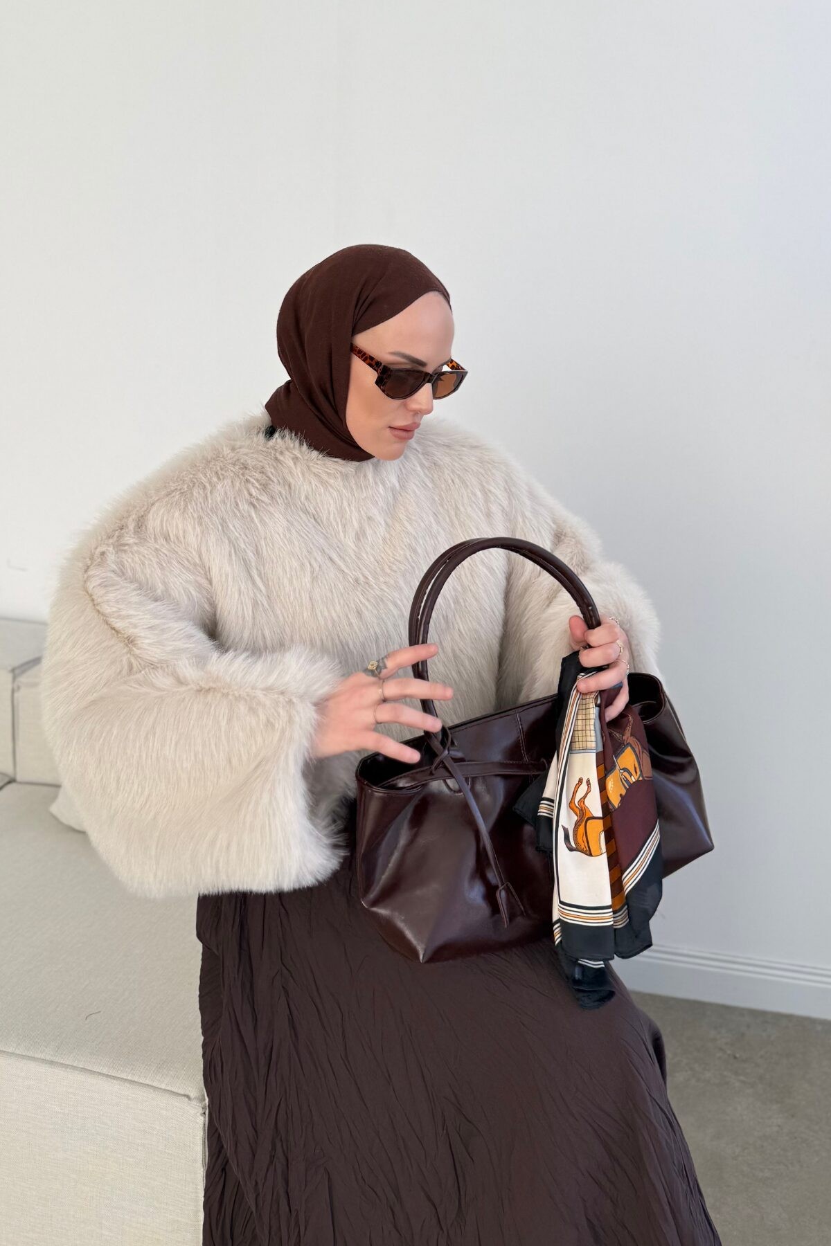 Oversize Muadil Crop Kürk Ekru