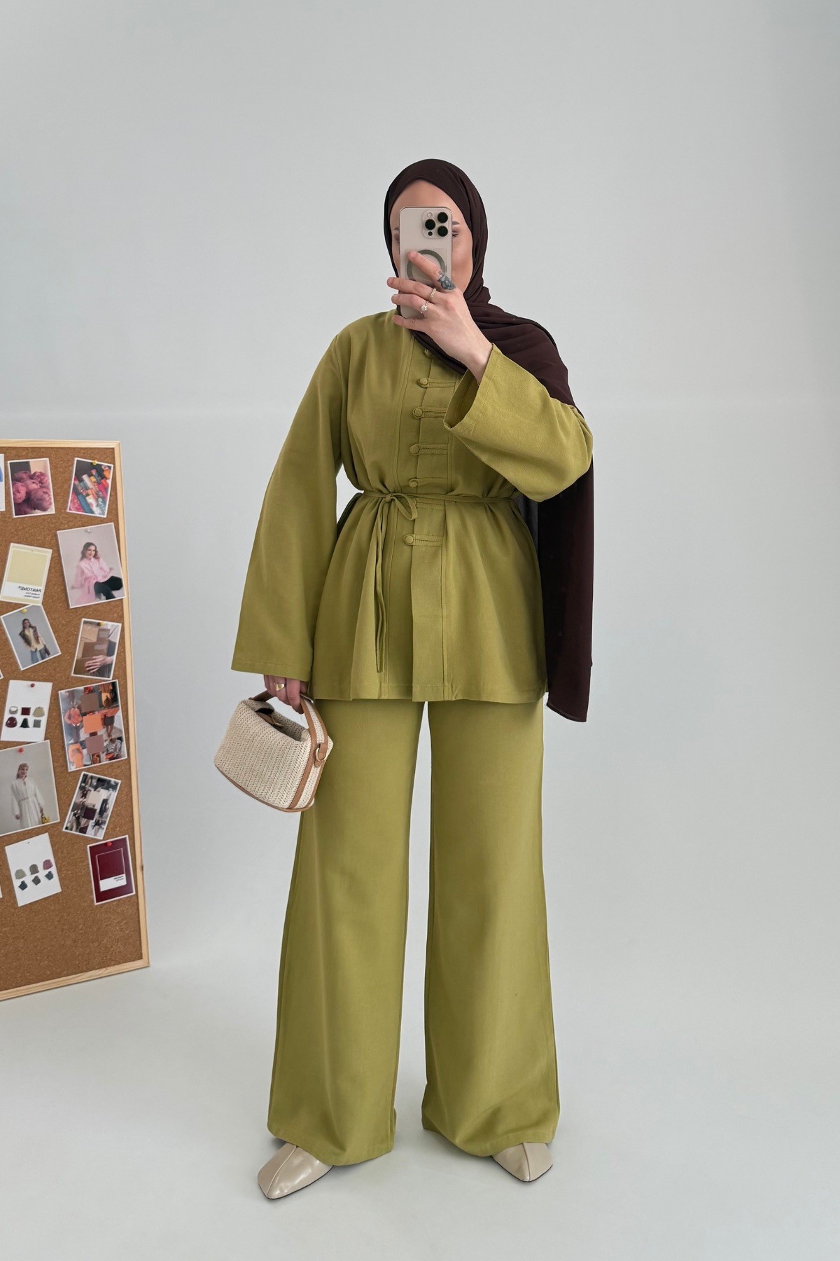Linen Natural Keten Takım Yağ Yeşili