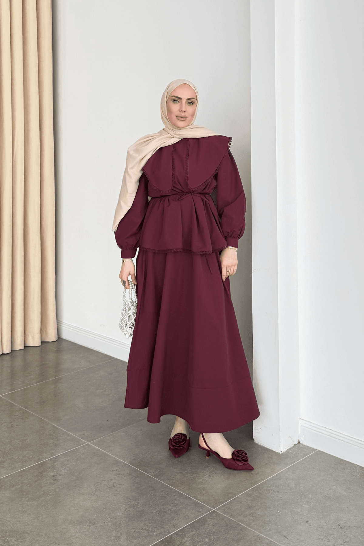 Lady Premium Kemerli Etek Takım Bordo
