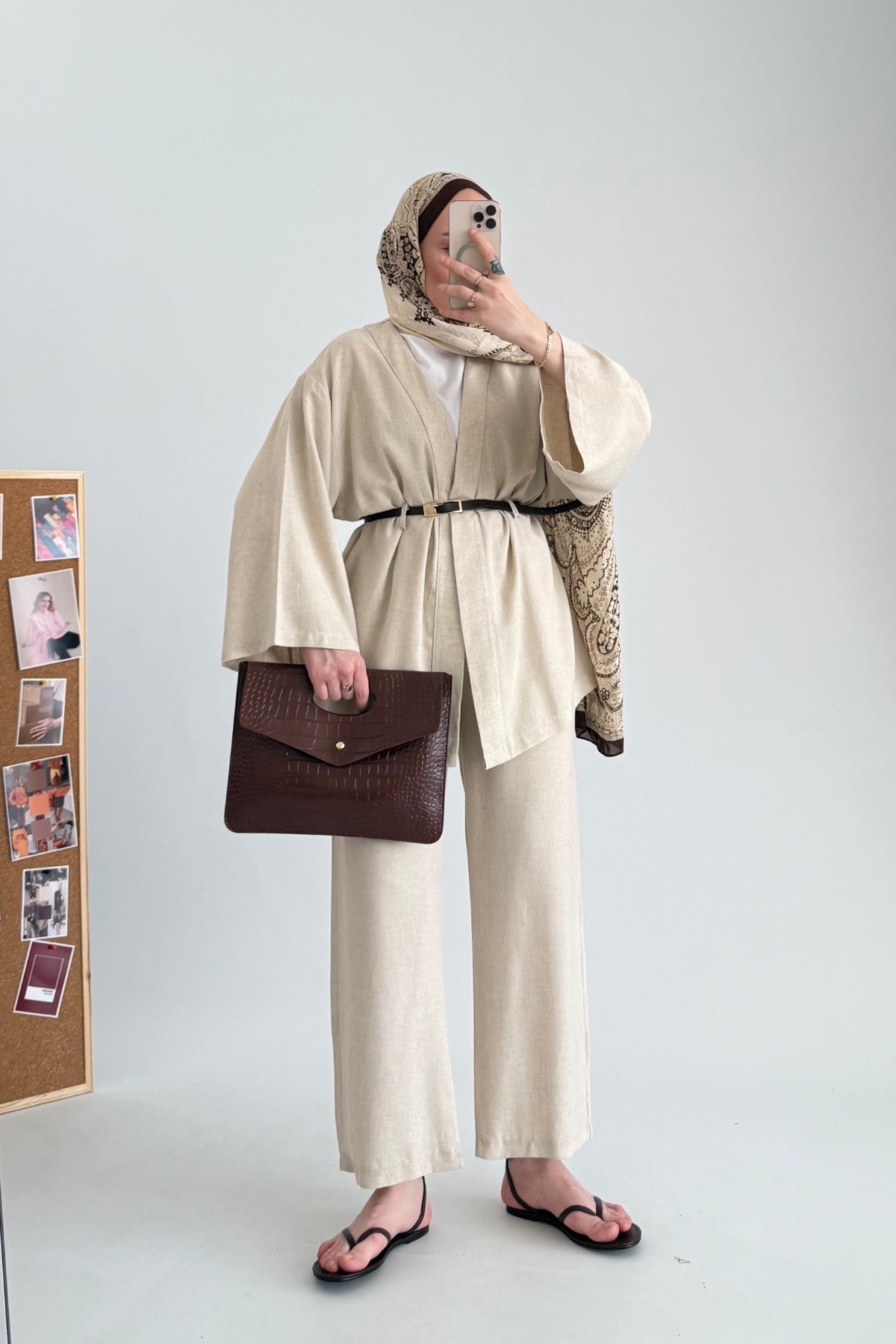 Kemerli Keten Kimono Takım Natural