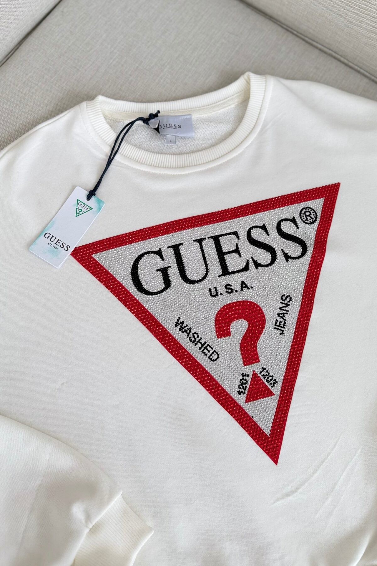 Guess İçi Full Taşlı Sweat Beyaz