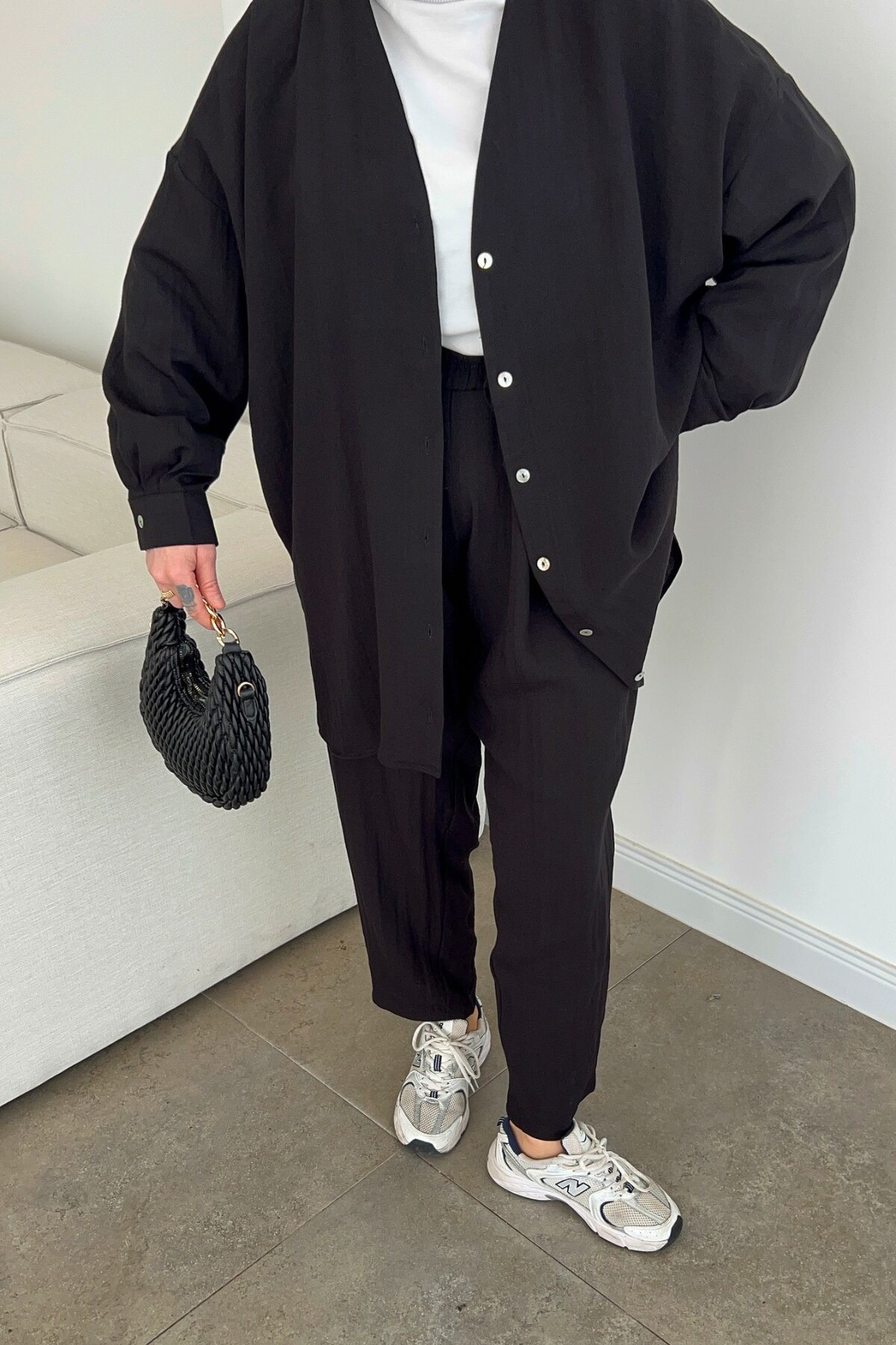 Oversize Keten Şalvar Takım - Siyah