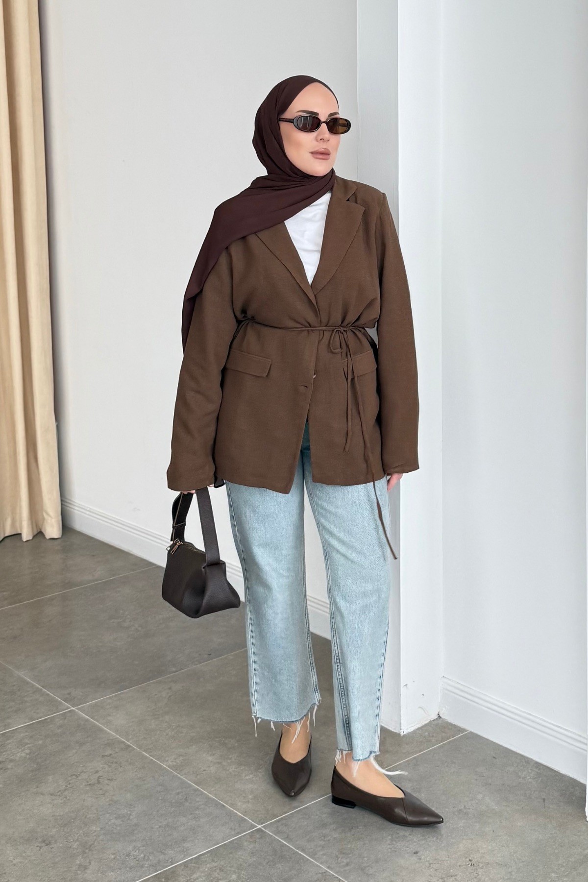 Vera Keten Kemerli Blazer Kahve 