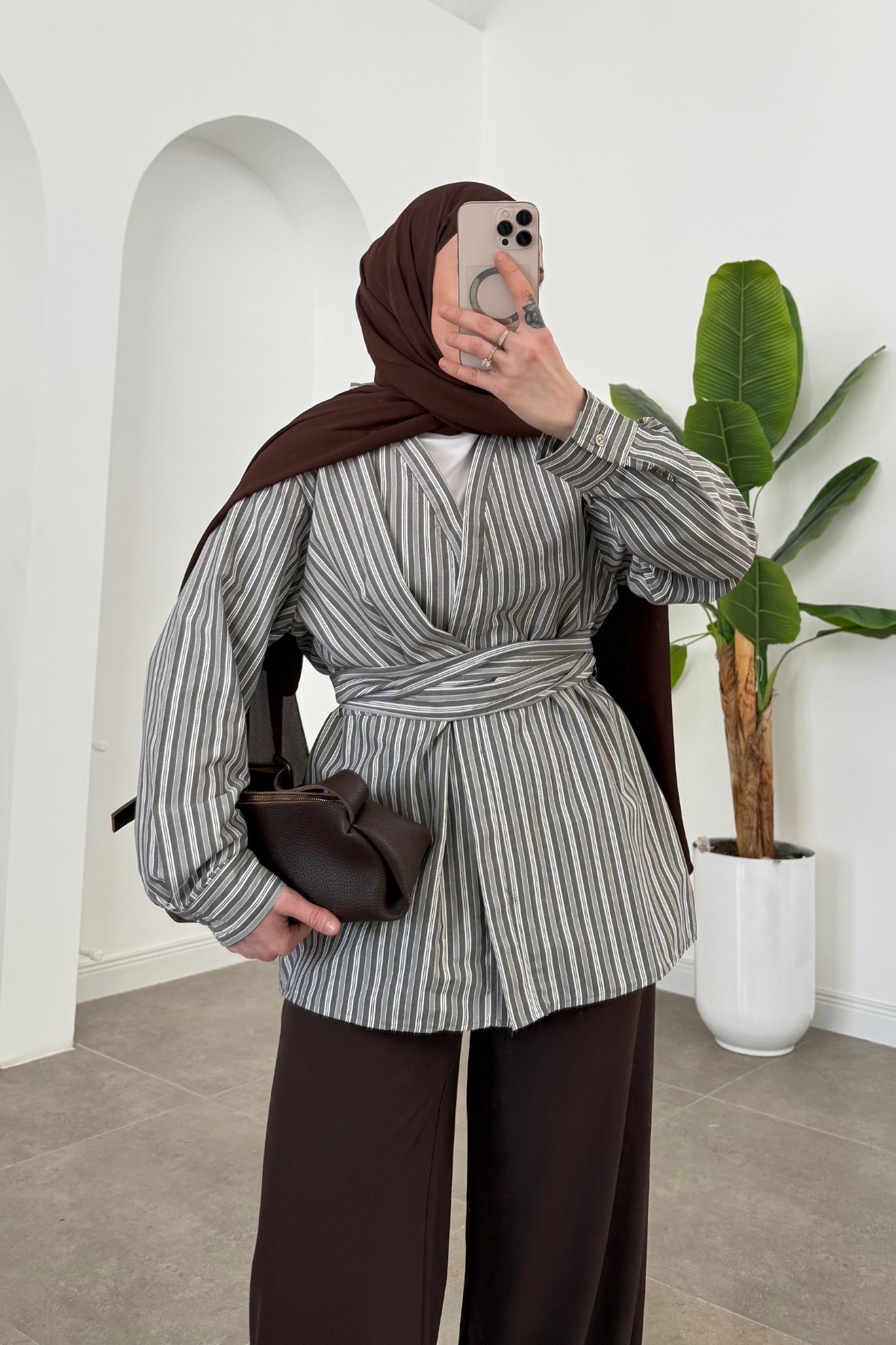 Çizgili Kimono Gömlek Gri