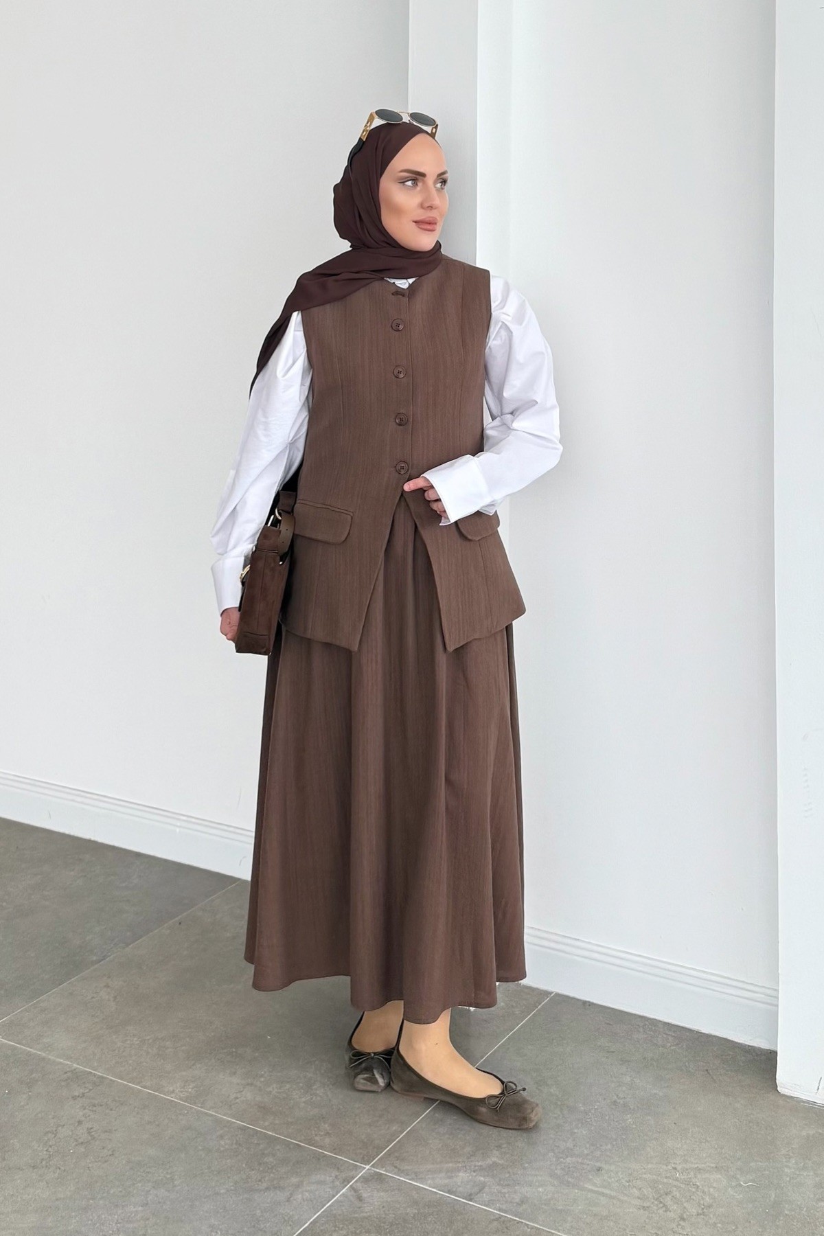Boho Natural Keten Yelek Etek Takım Kahve