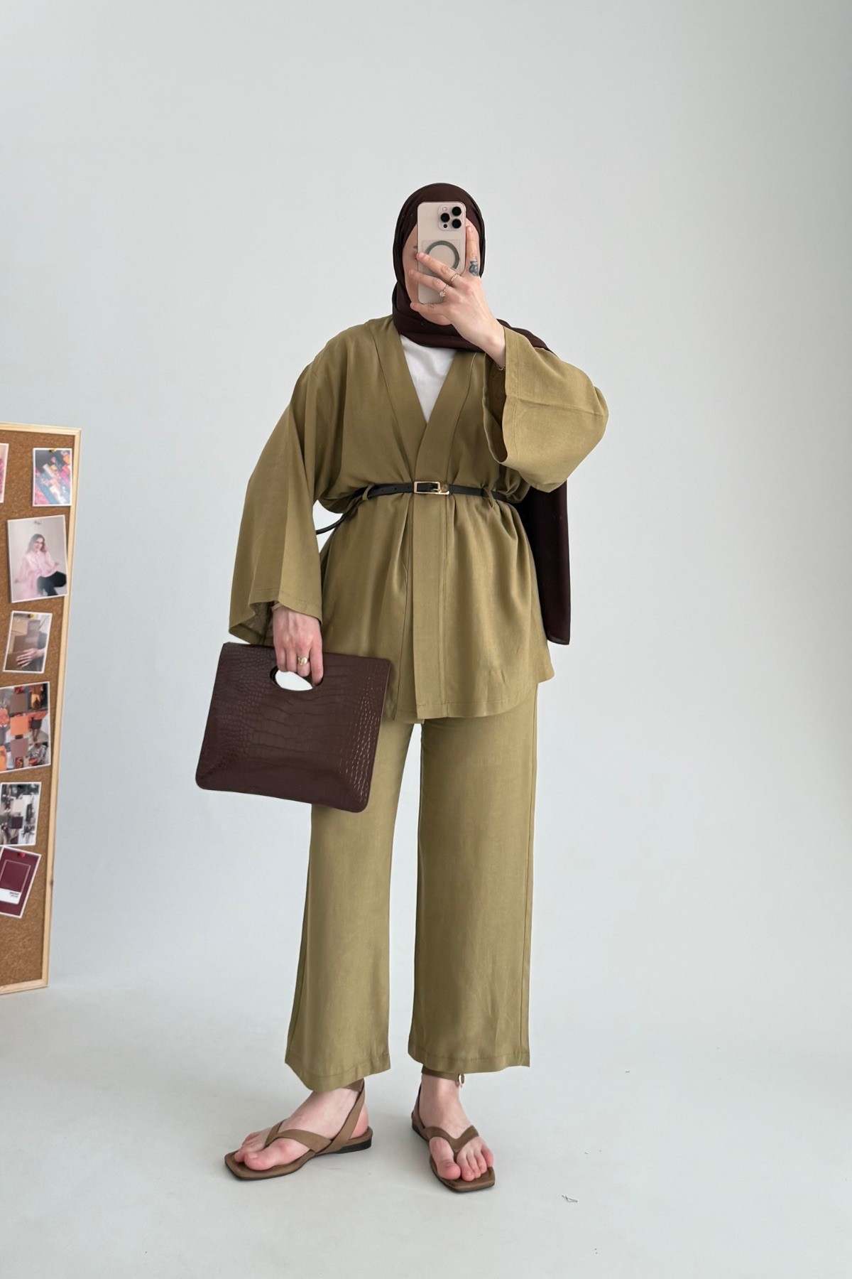 Kemerli Keten Kimono Takım Haki