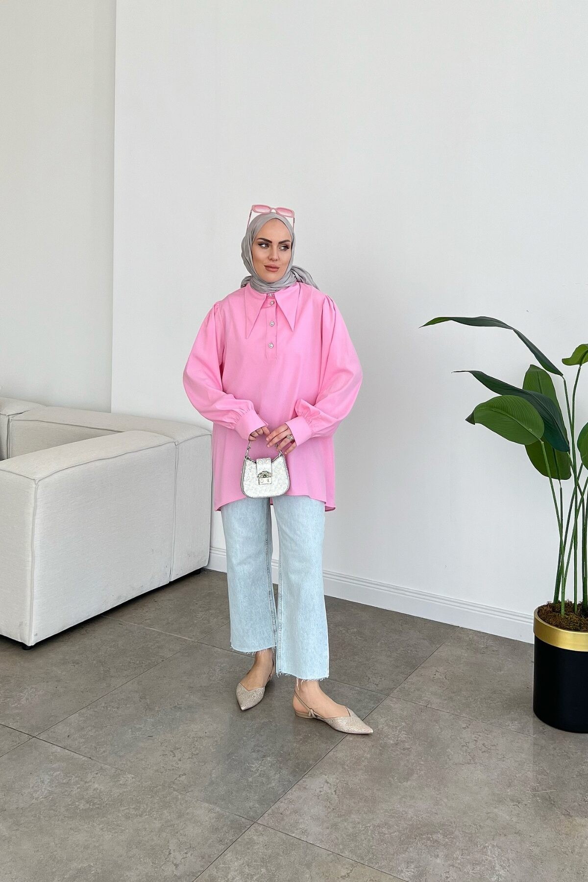 Taşlı İpek Krep Gömlek - Pembe