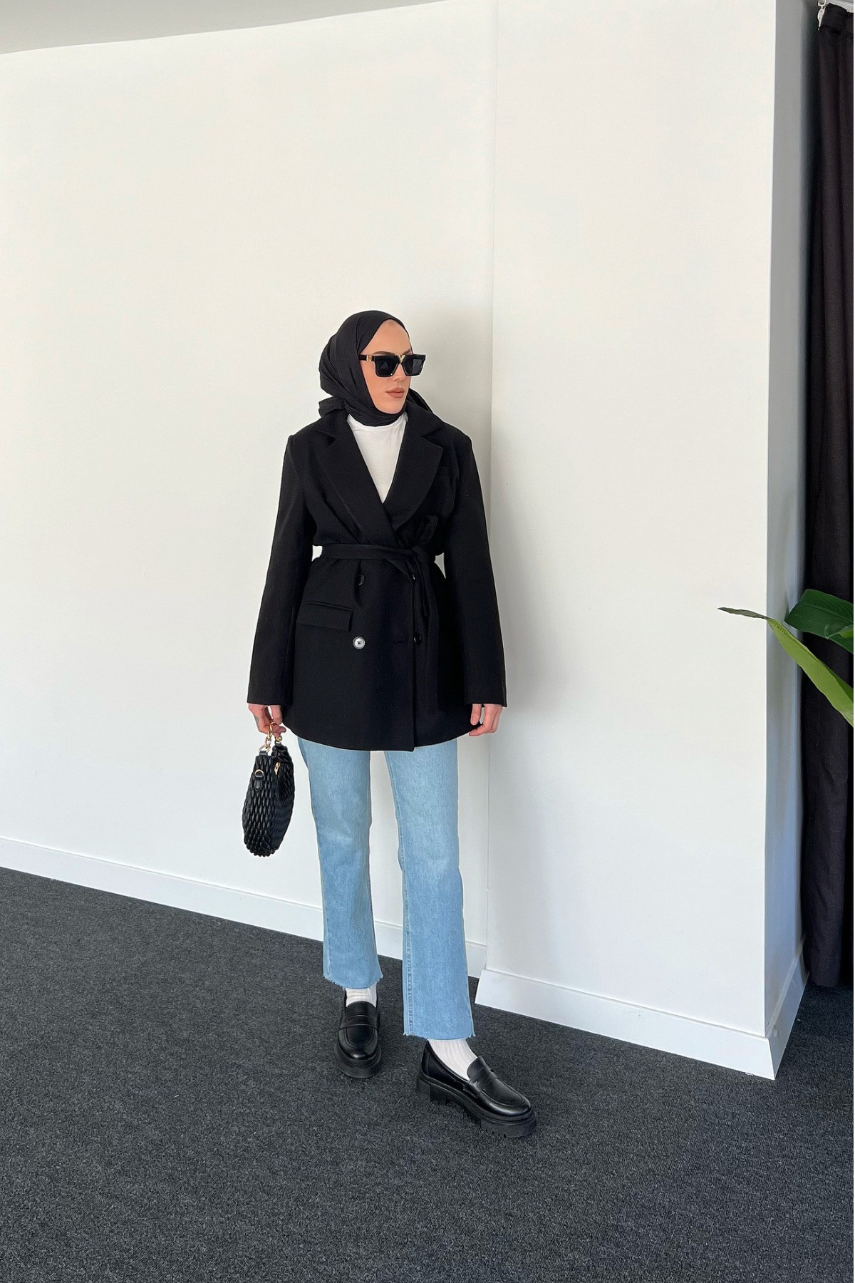 Kemerli İthal Kaşe Blazer Ceket - Siyah