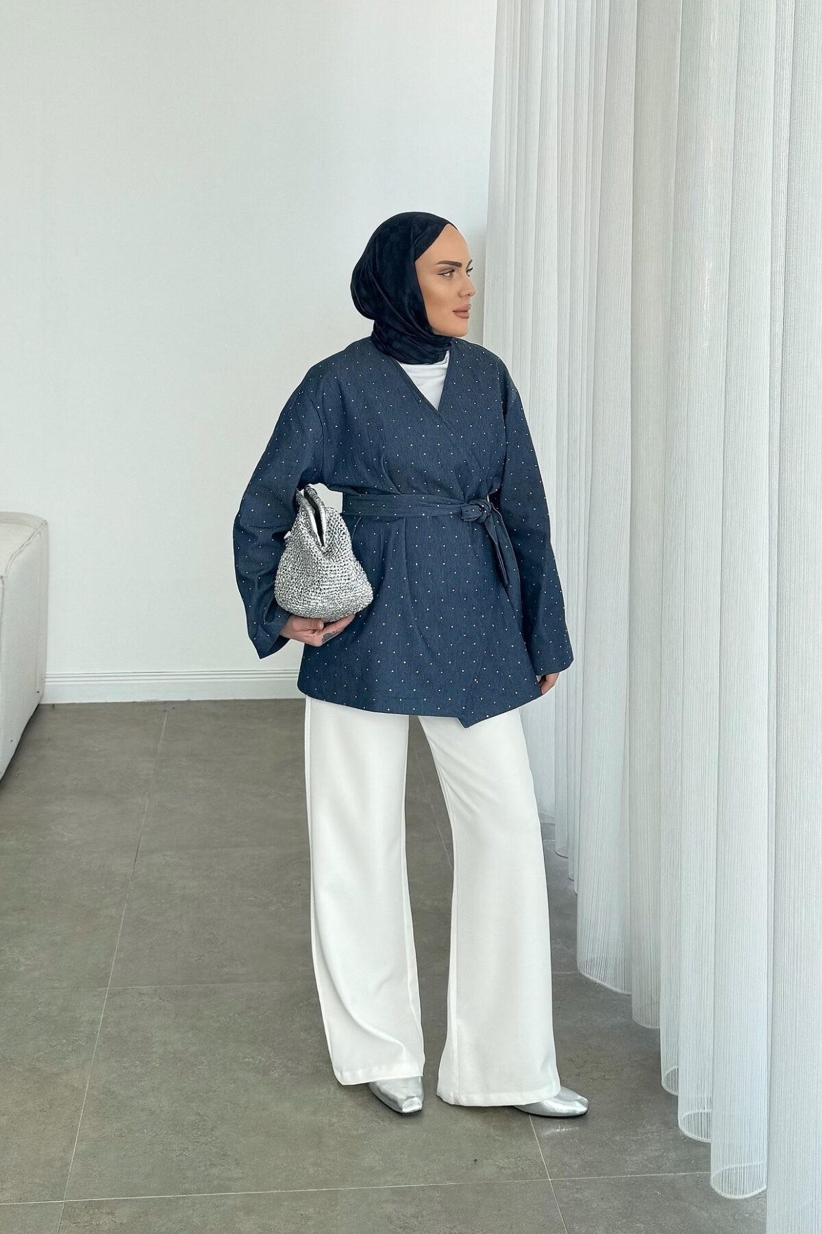 Açık Lacivert Denim Taşlı Ceket