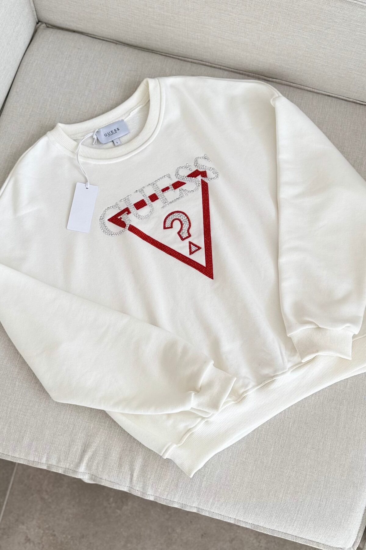 Guess Taşlı Sweat Beyaz