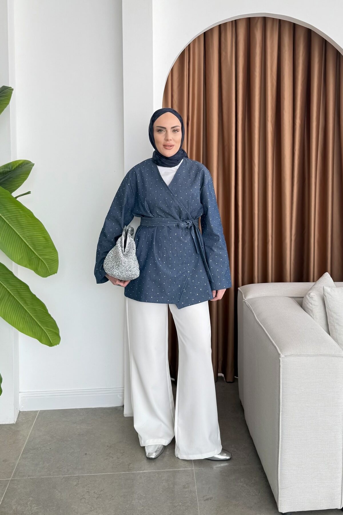 Açık Lacivert Denim Taşlı Ceket