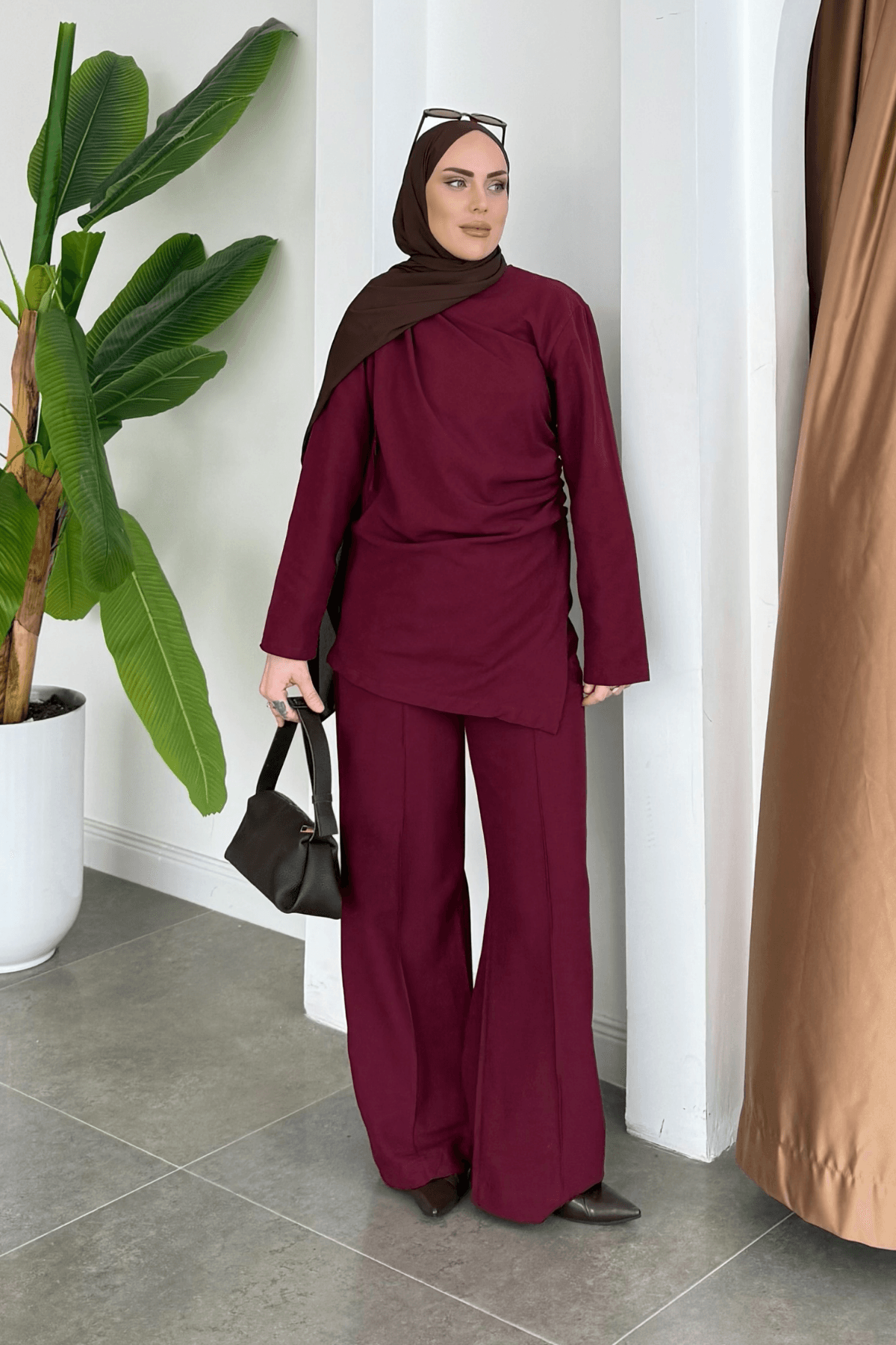 Premium Yandan Büzgülü Keten Takım Bordo