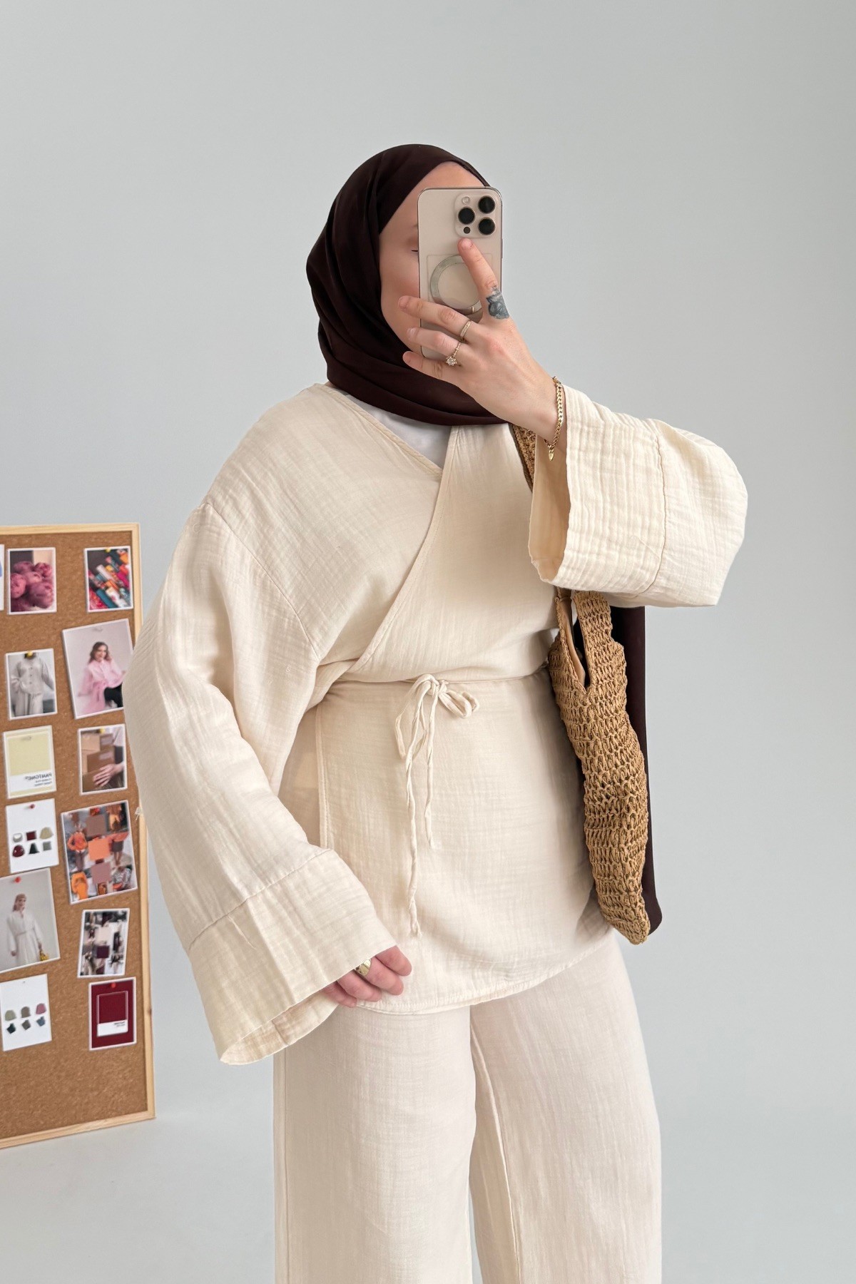 Premium Müslin Kimono Ceket Takım Bej 