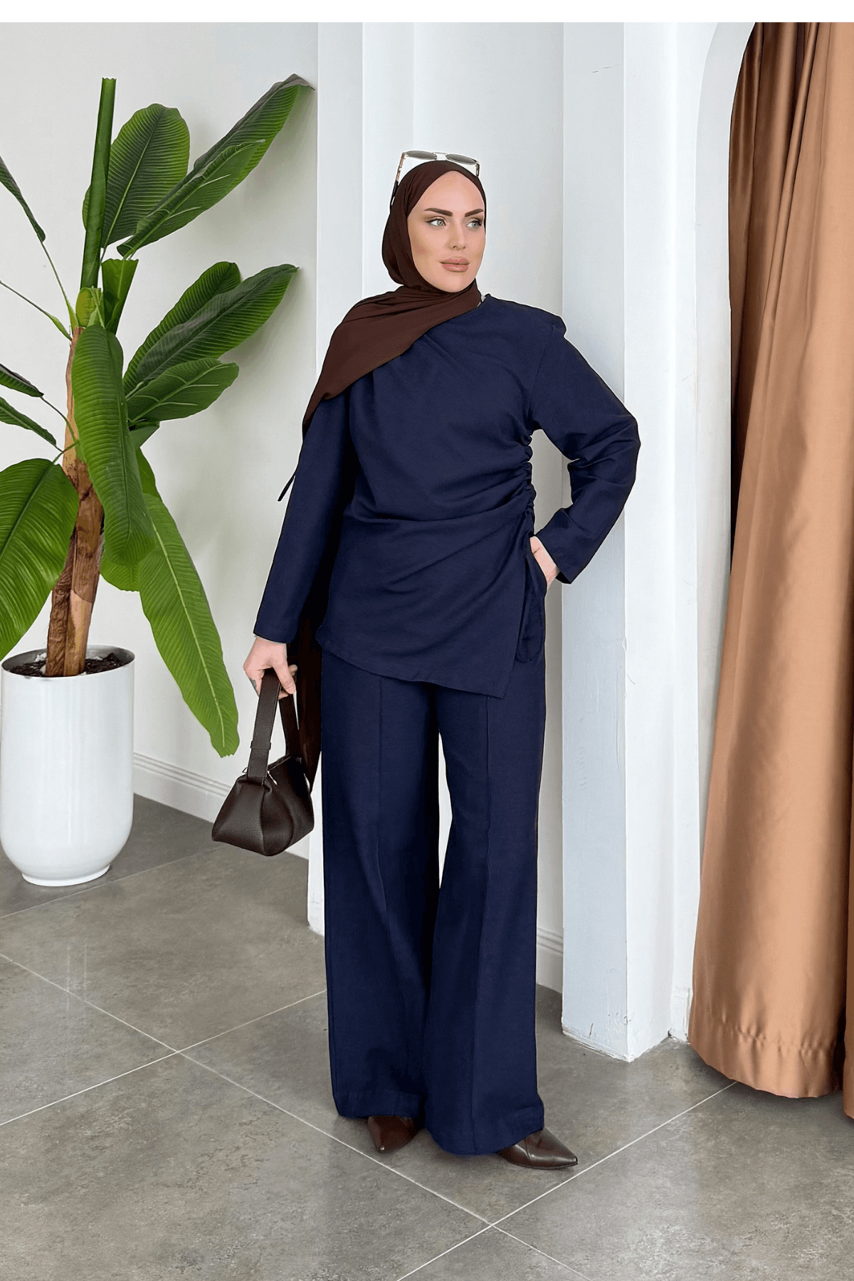 Premium Yandan Büzgülü Keten Takım Lacivert 