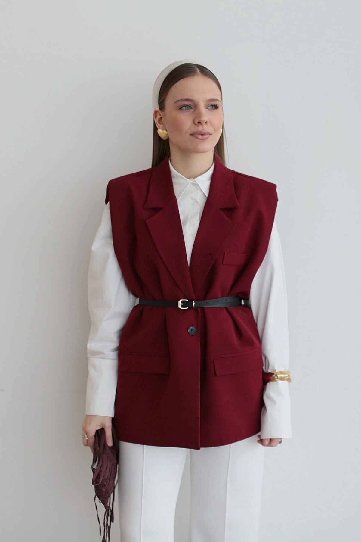 Pinterest Kemerli Blazer Yelek Bordo