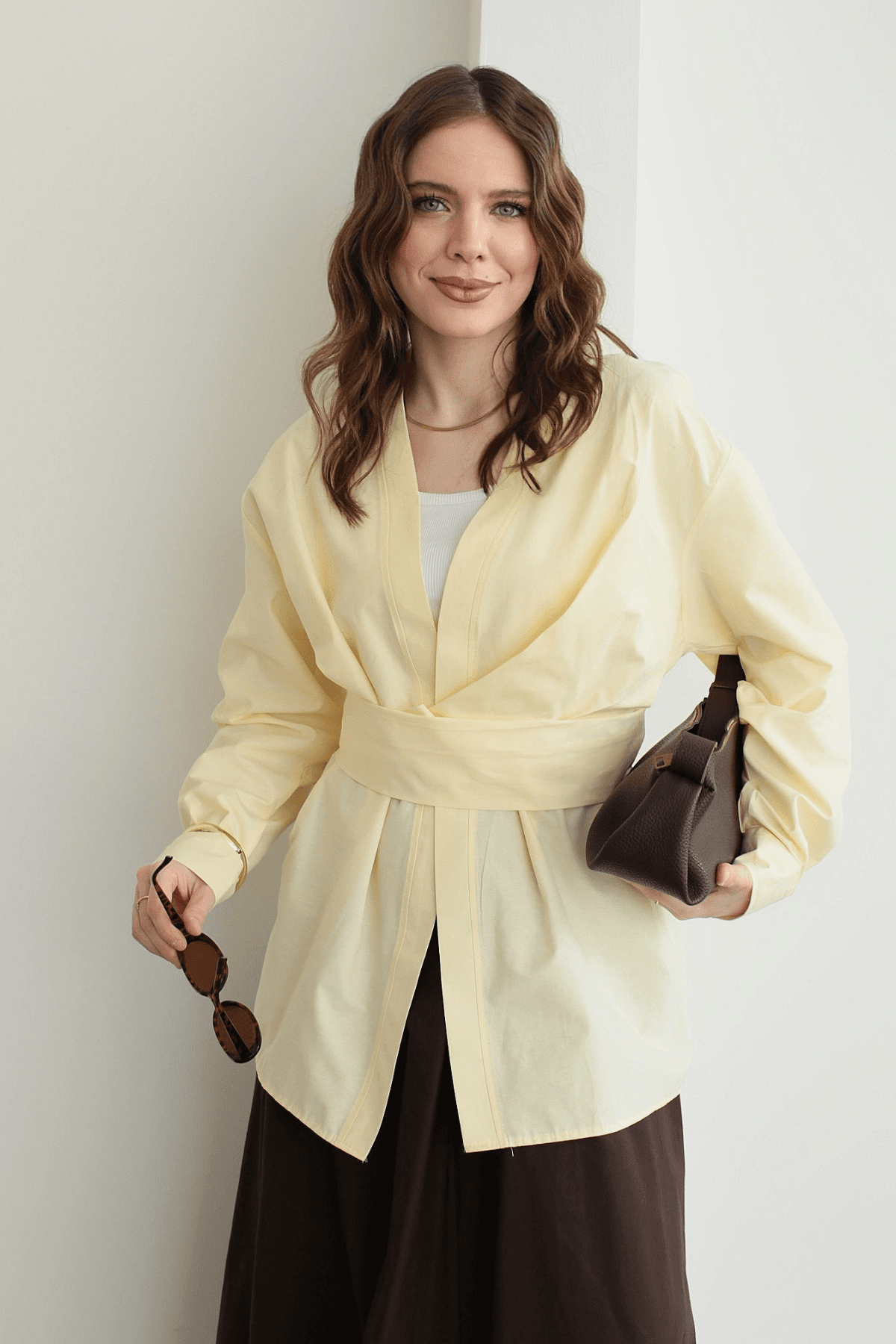 Premium Bağlamalı Kimono Gömlek Sarı