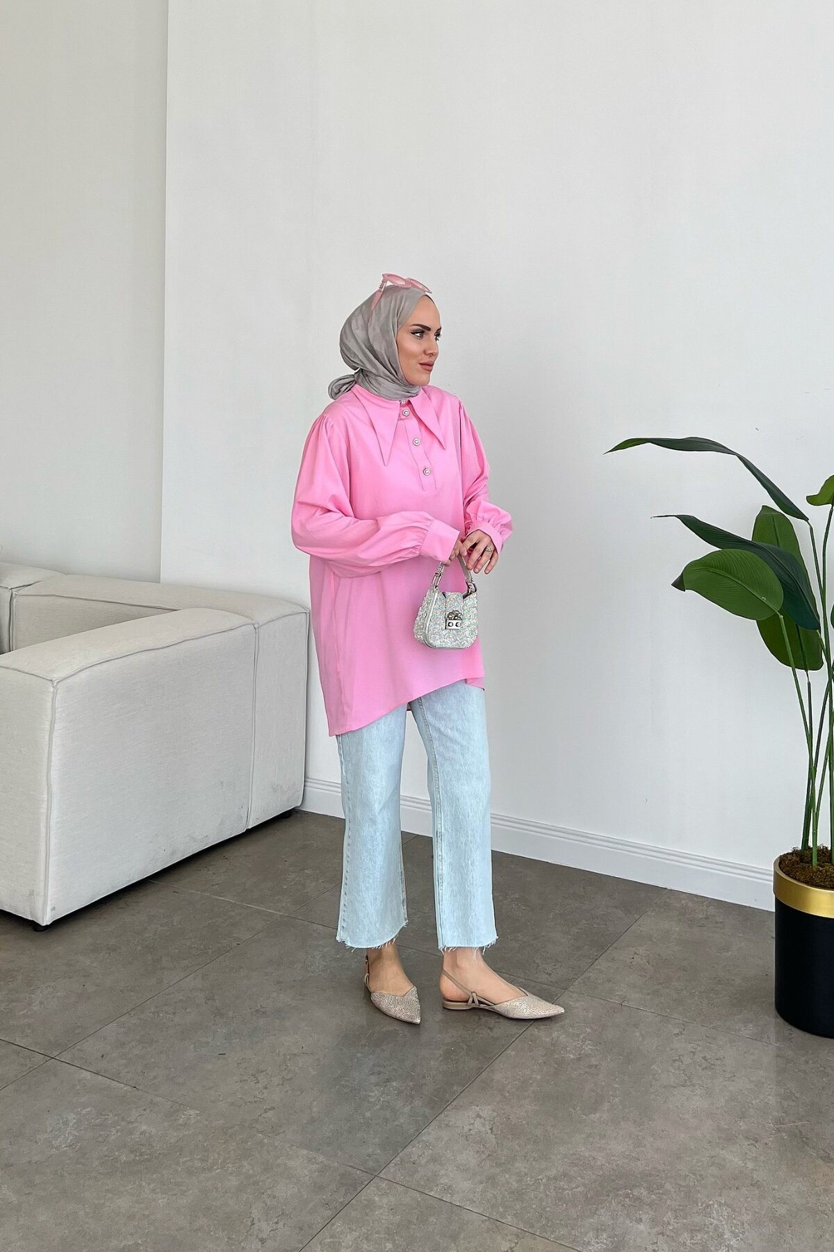 Taşlı İpek Krep Gömlek - Pembe