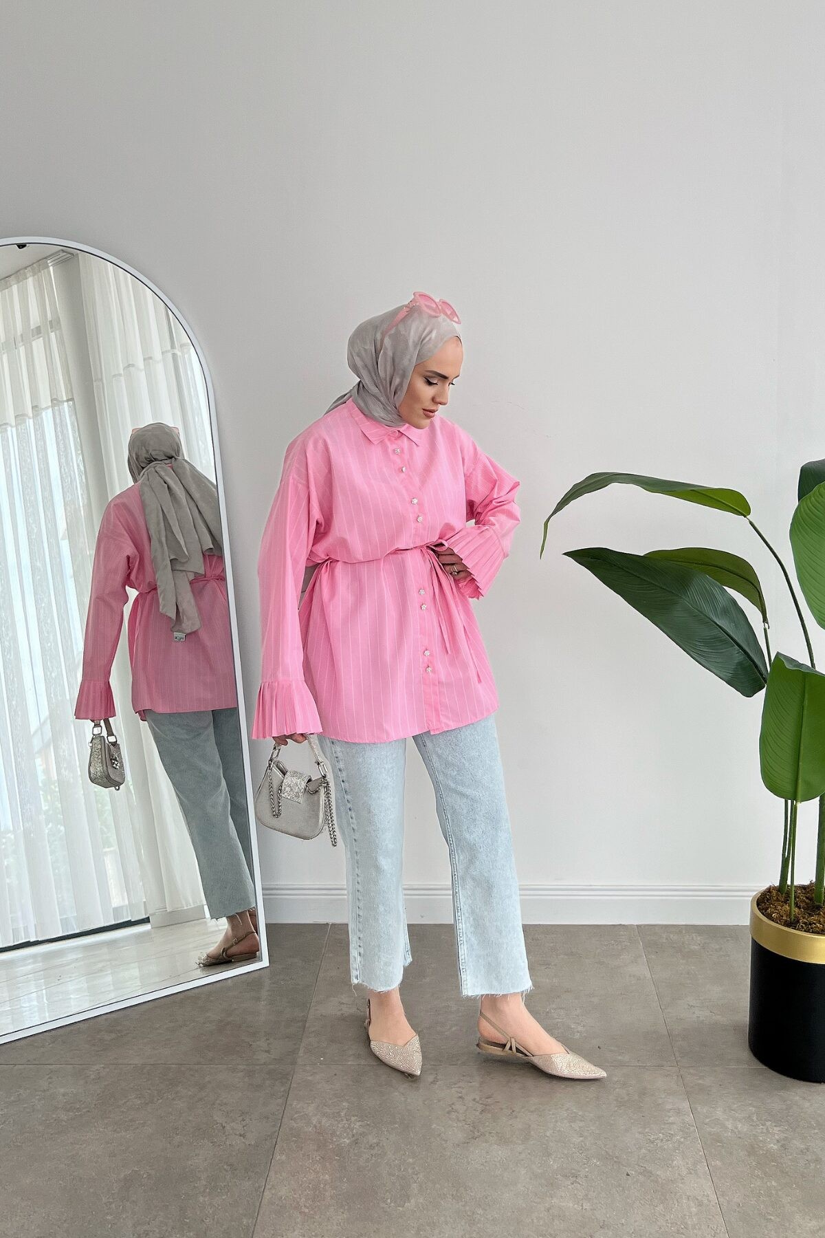 Kolu Pileli Çizgili Gömlek - Pembe