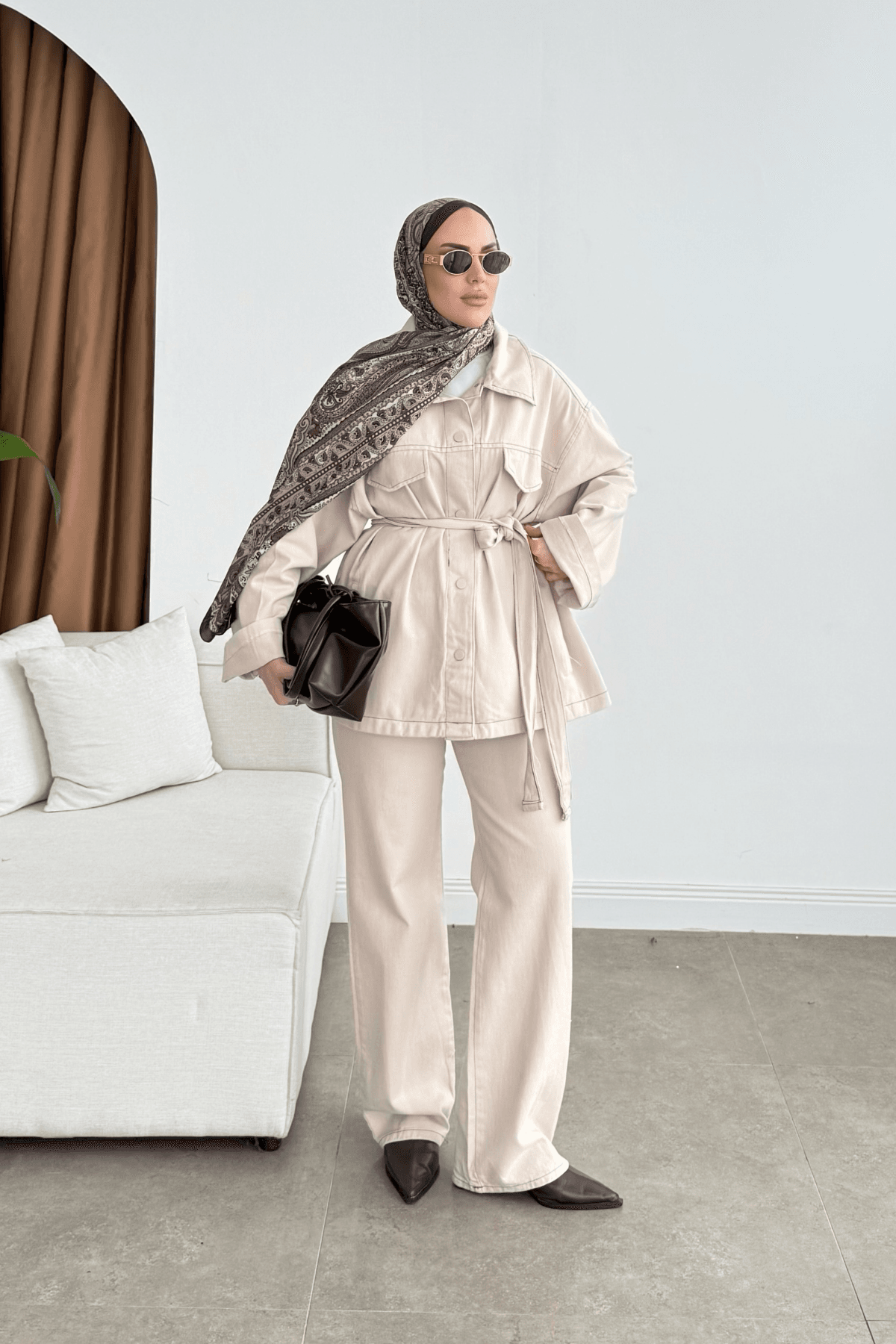 Gabardin Kuşaklı Ceket Takım Bej