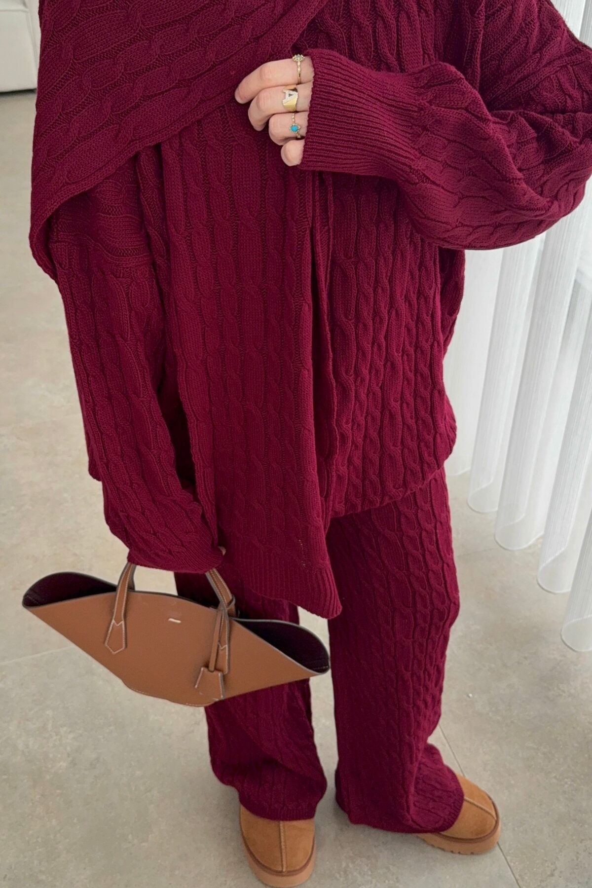 NUU Örgülü Pinterest Atkılı Takım Bordo