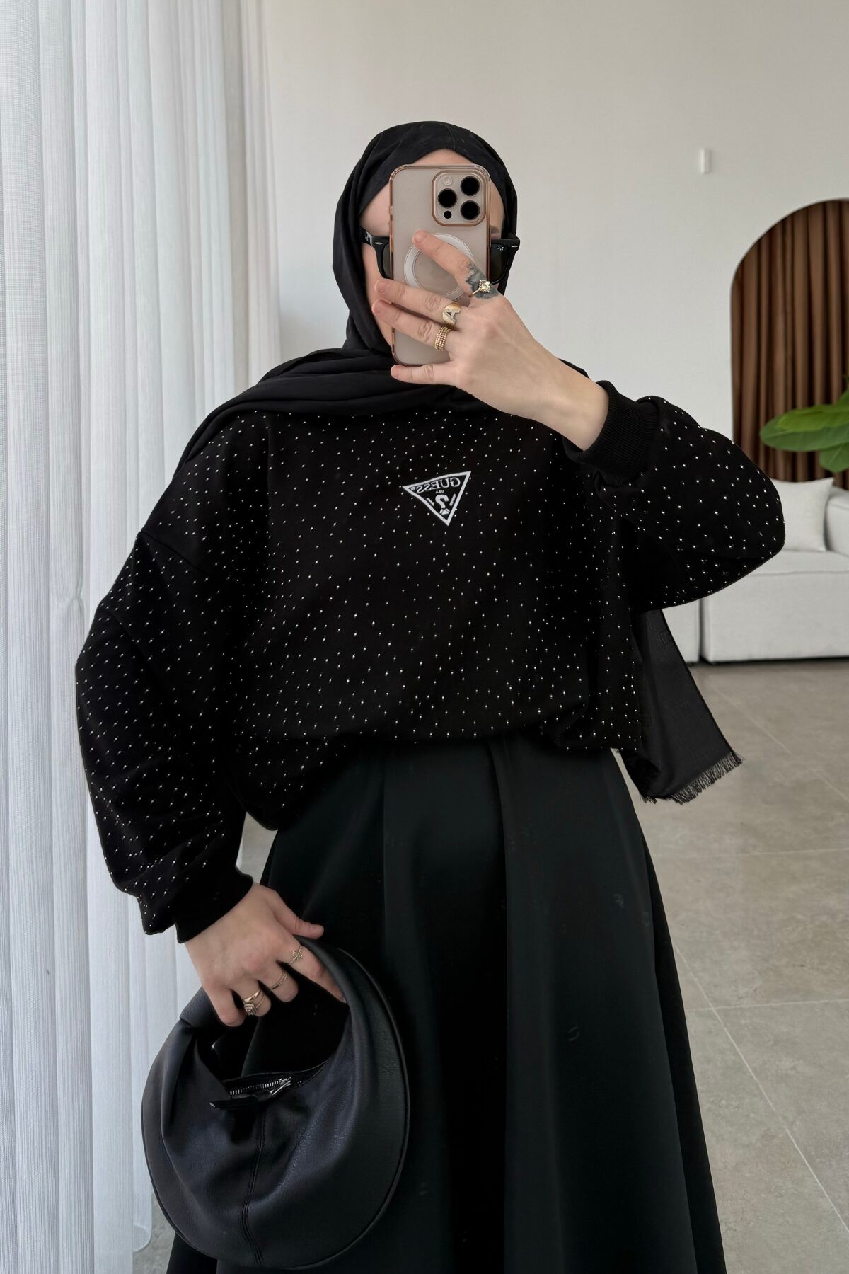 Guess Full Taşlı Sweat Siyah