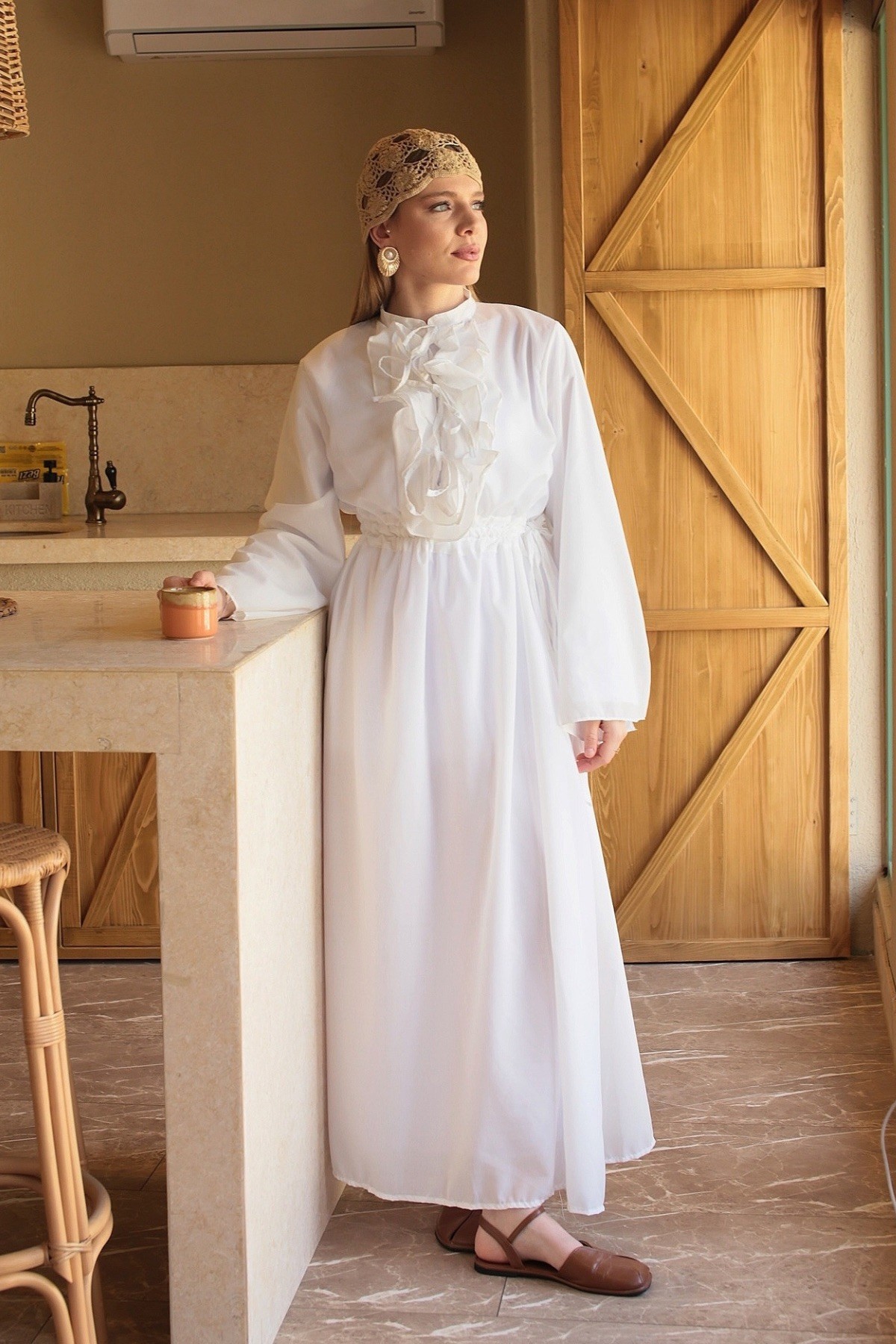 Hm Model Fırfırlı Elbise Beyaz
