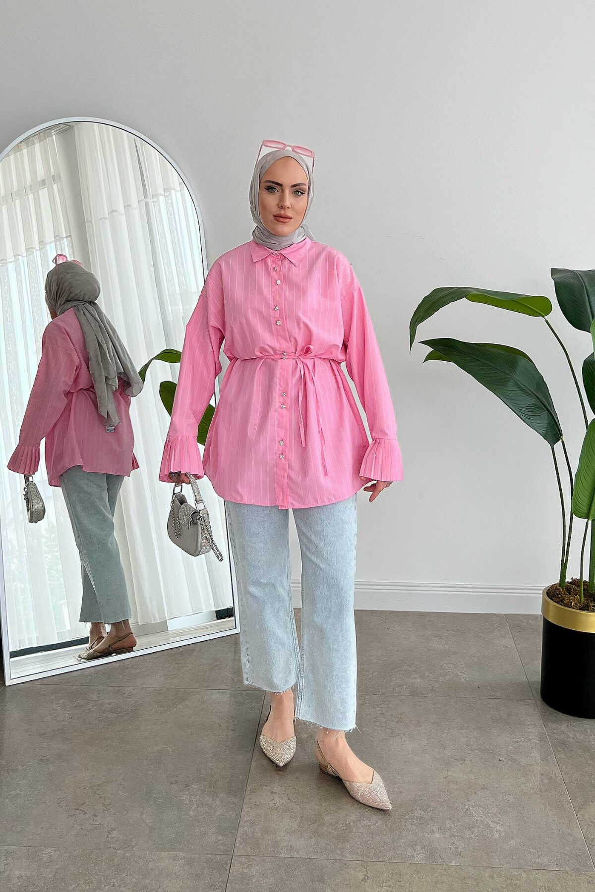Kolu Pileli Çizgili Gömlek - Pembe