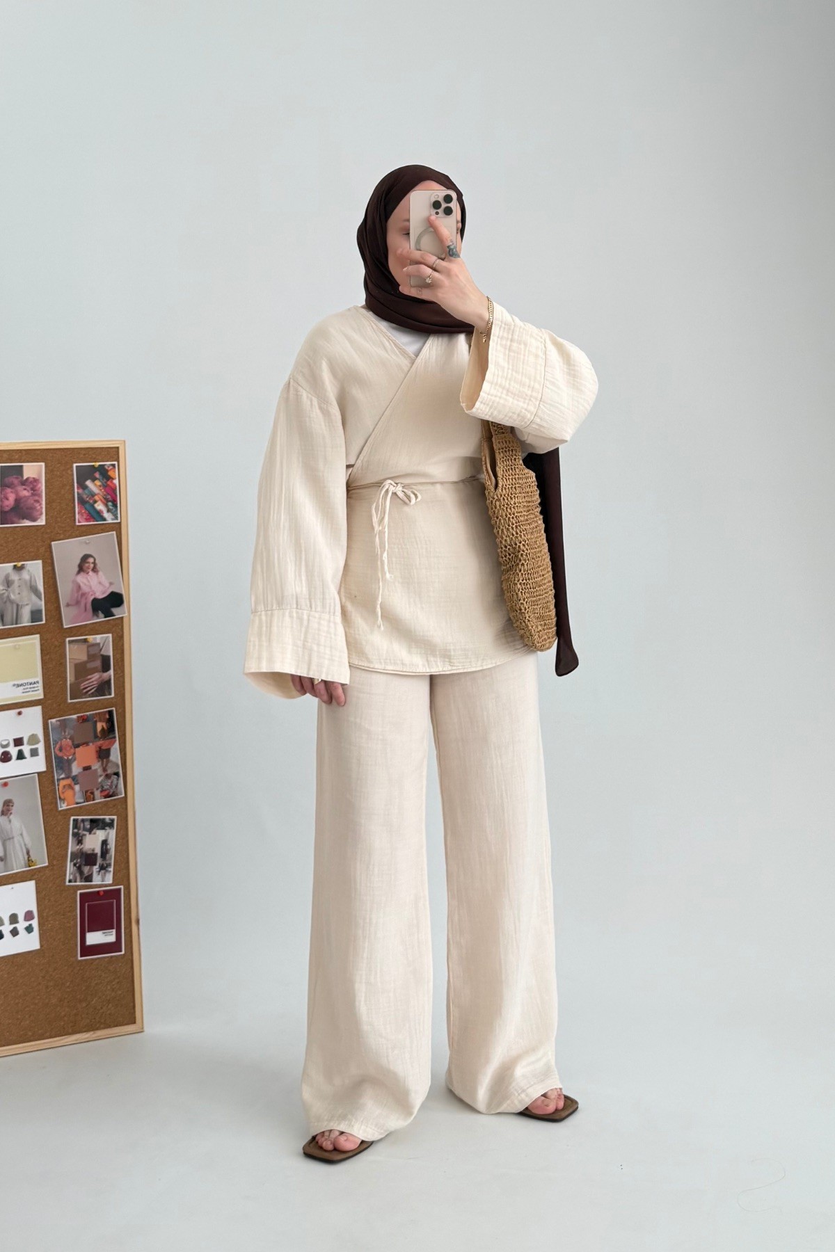 Premium Müslin Kimono Ceket Takım Bej 