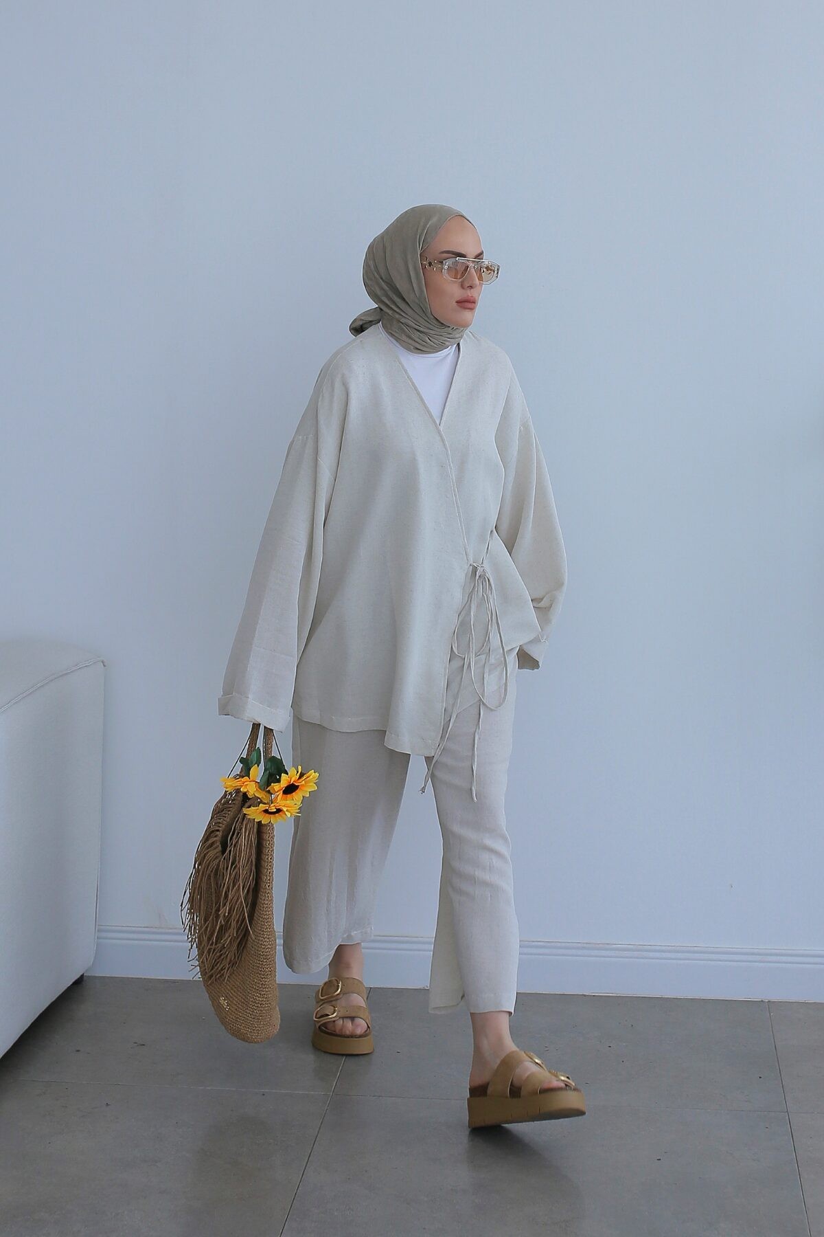 Natural Keten Bağlamalı Bej Takım