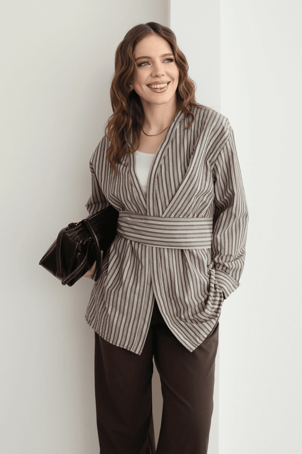 Çizgili Kimono Gömlek Kahve