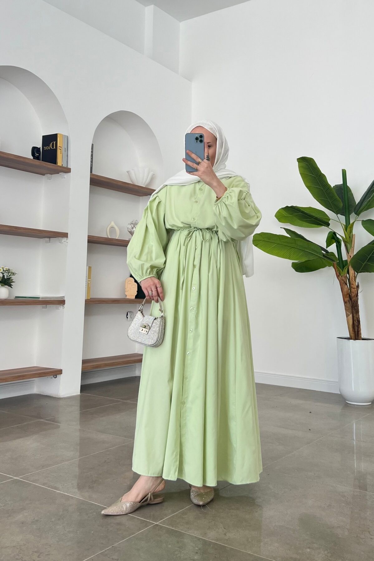 Oversize Balon Kol Elbise Yeşil