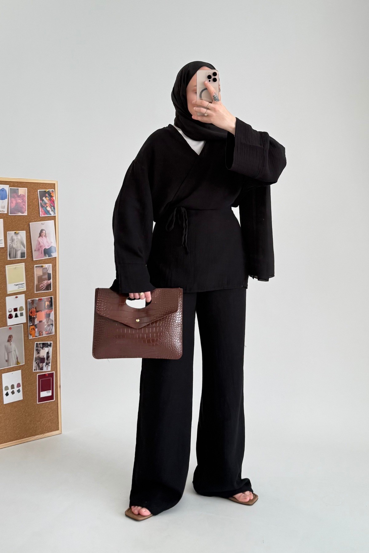 Premium Müslin Kimono Ceket Takım Siyah 