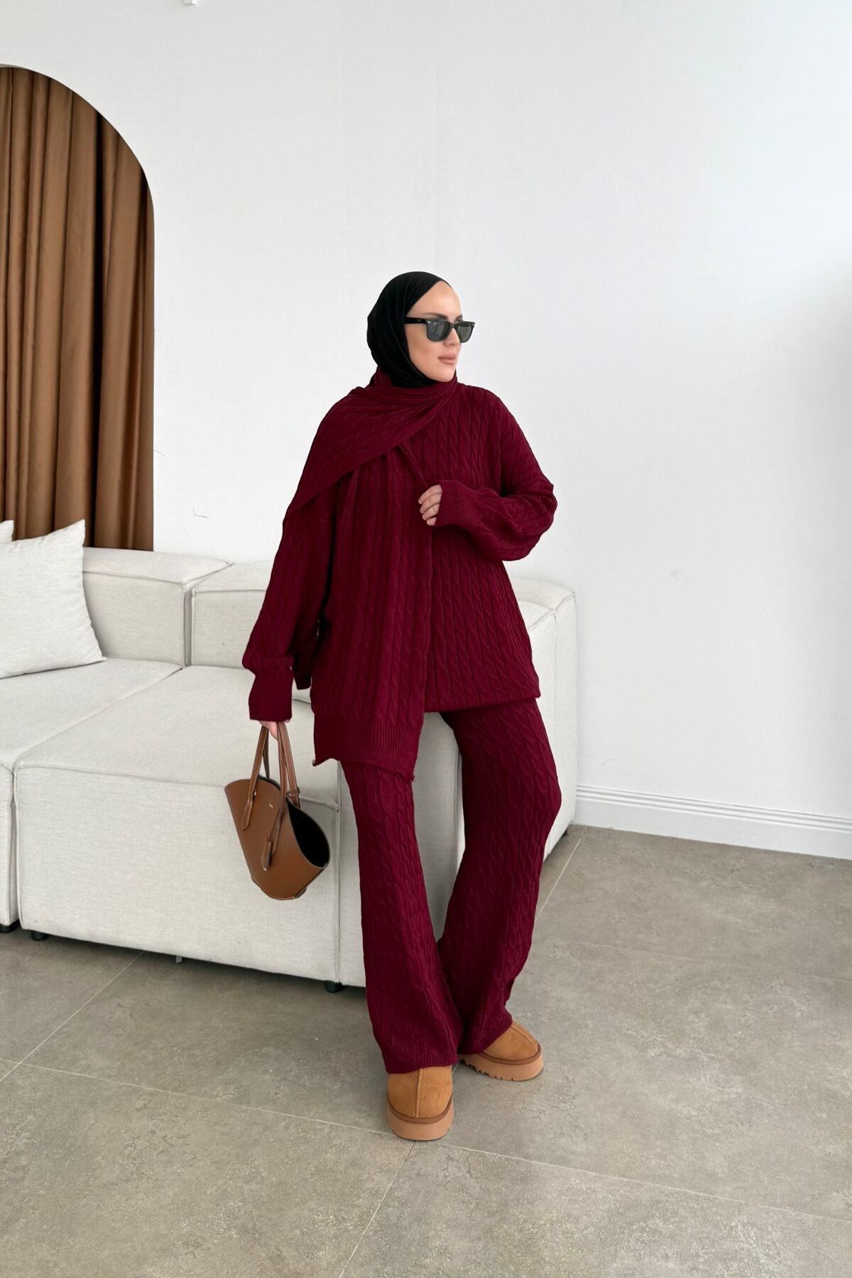 NUU Örgülü Pinterest Atkılı Takım Bordo