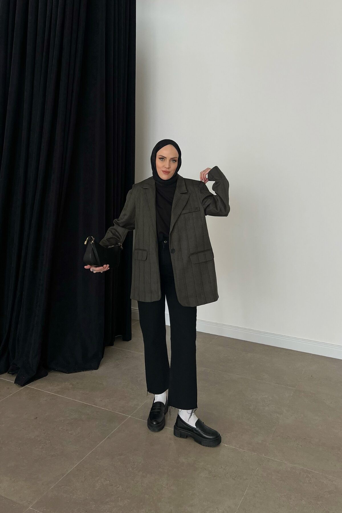 Zra Çizgili Oversize Ceket- Haki