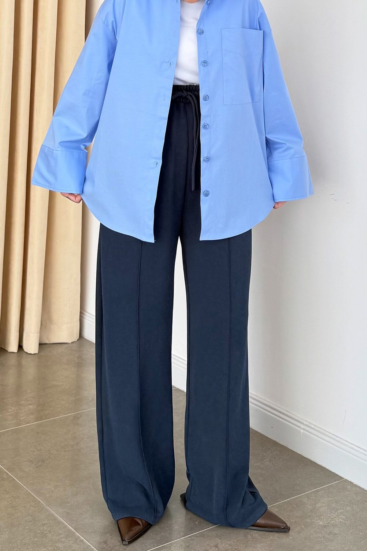 Oversize Basic Pamuklu Gömlek Mavi