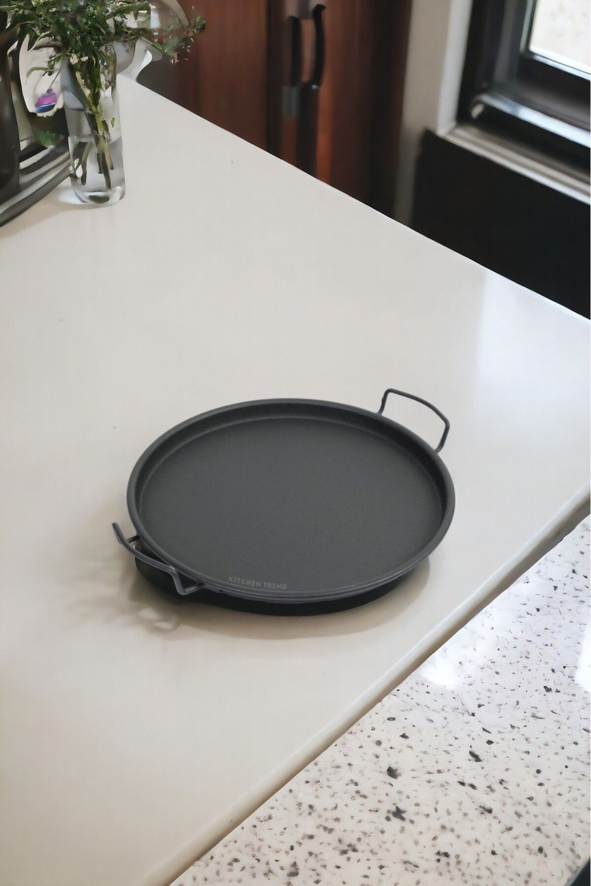 25 Cm Siyah Metal Yuvarlak Çay Tepsisi, Servis Tepsisi Dekoratif Sunum Tepsisi