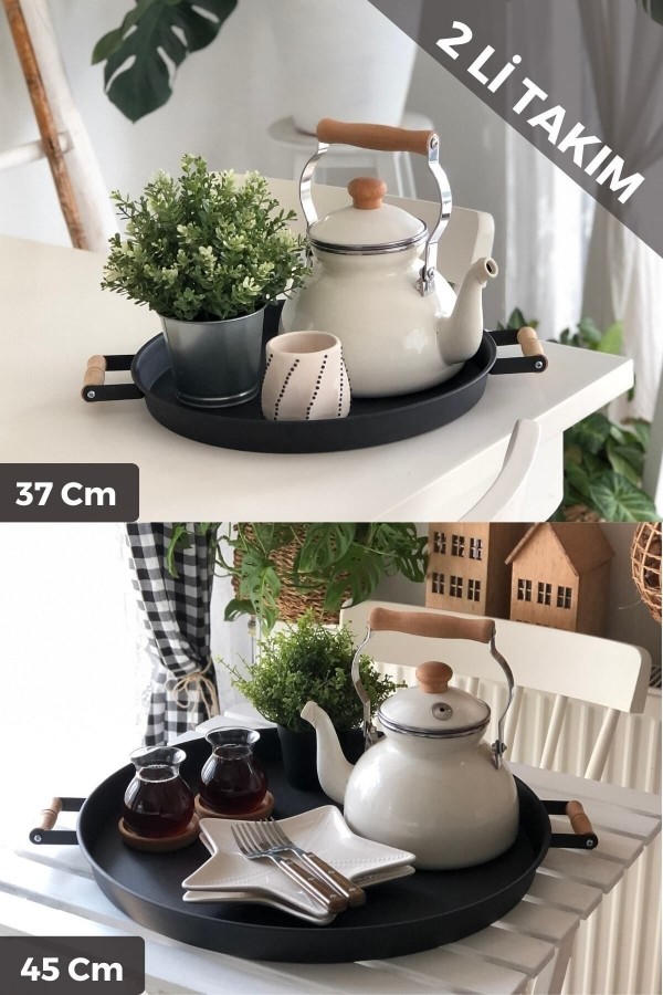 2'li Ahşap Kulplu 45 Cm Metal Tepsi Ve 37 Cm Siyah Tepsi Çay Kahve Sunum Tepsisi