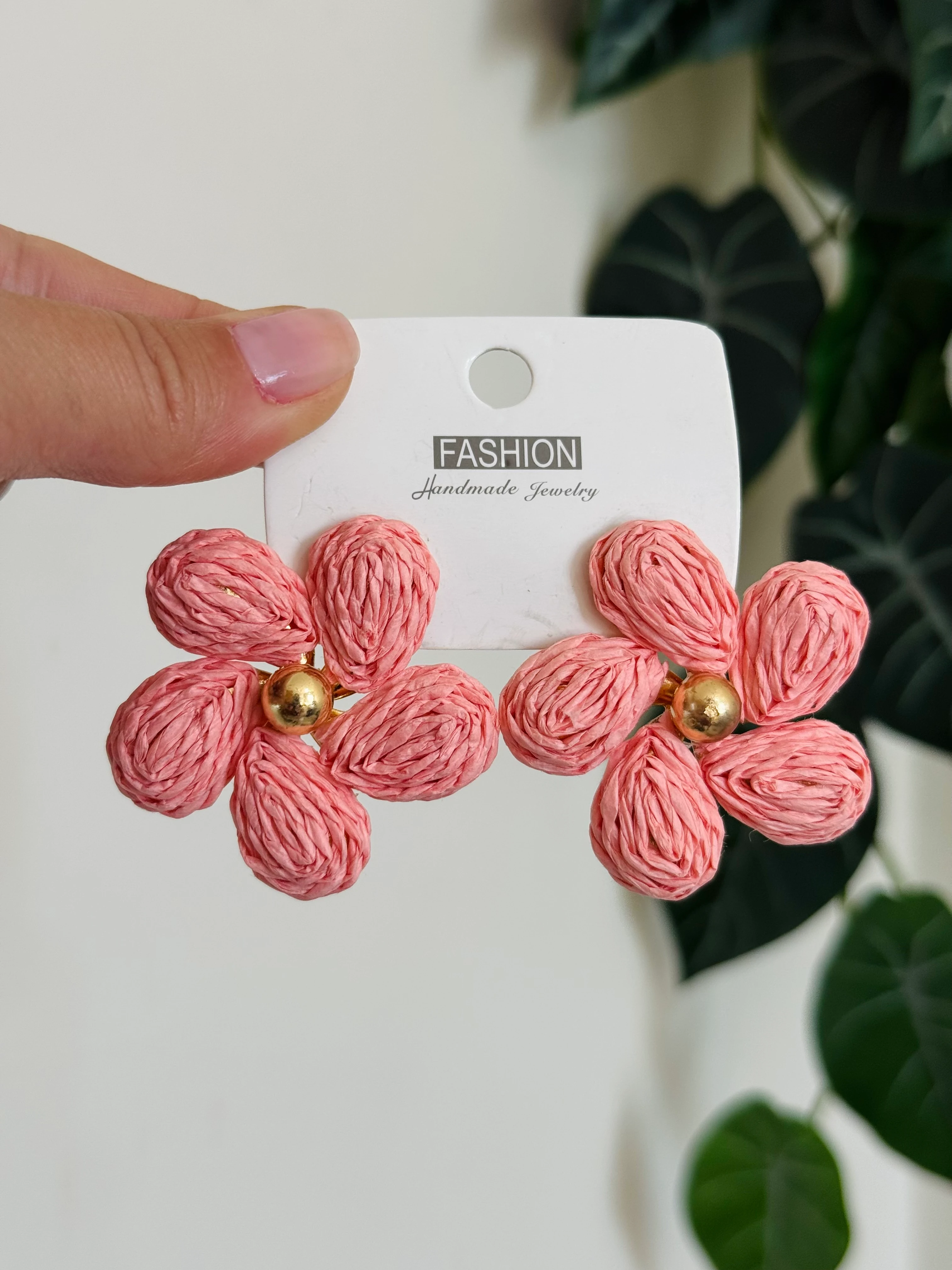 Hasır pembe çiçek küpe