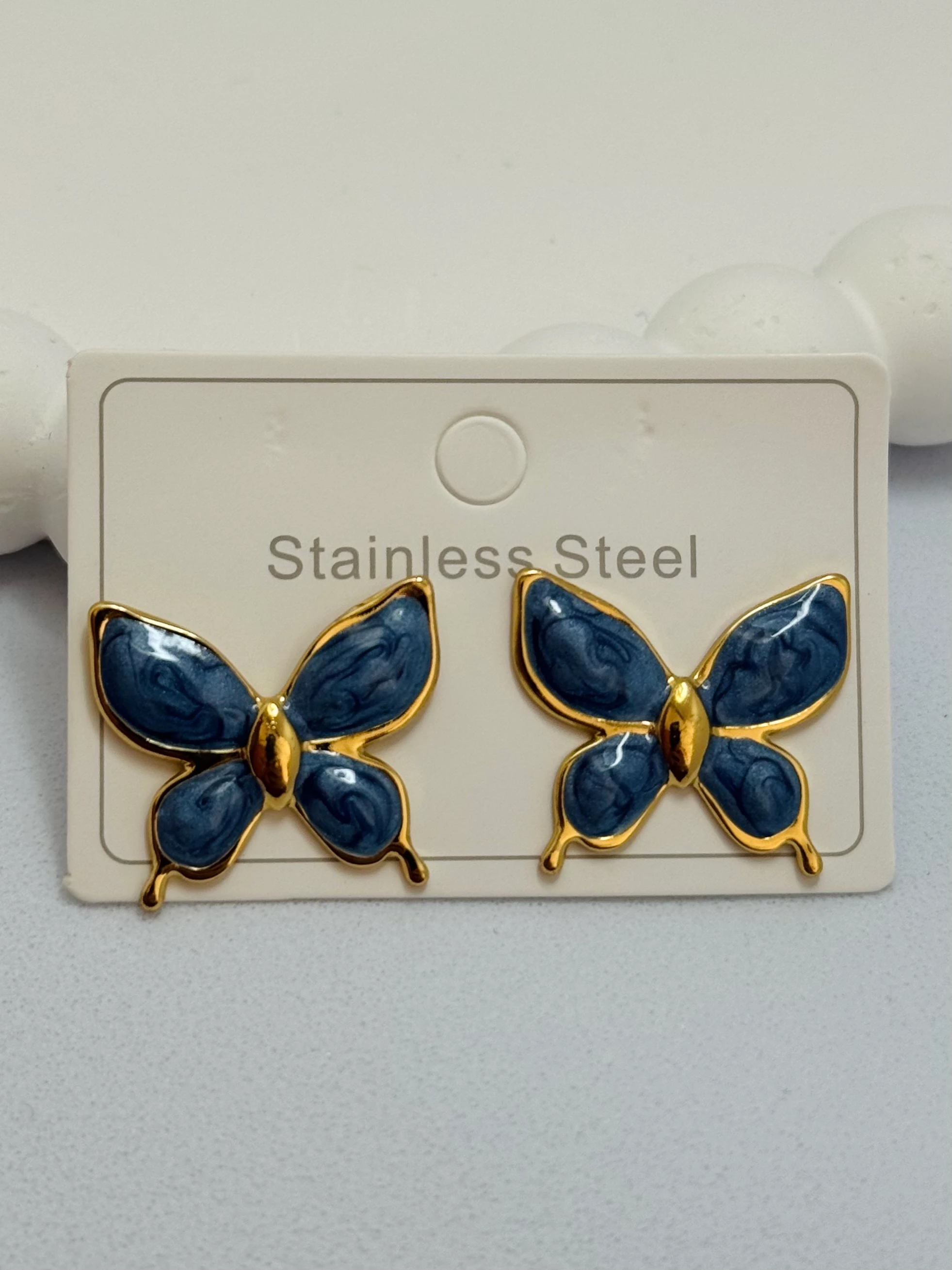 Çelik Mavi Kelebek Küpe