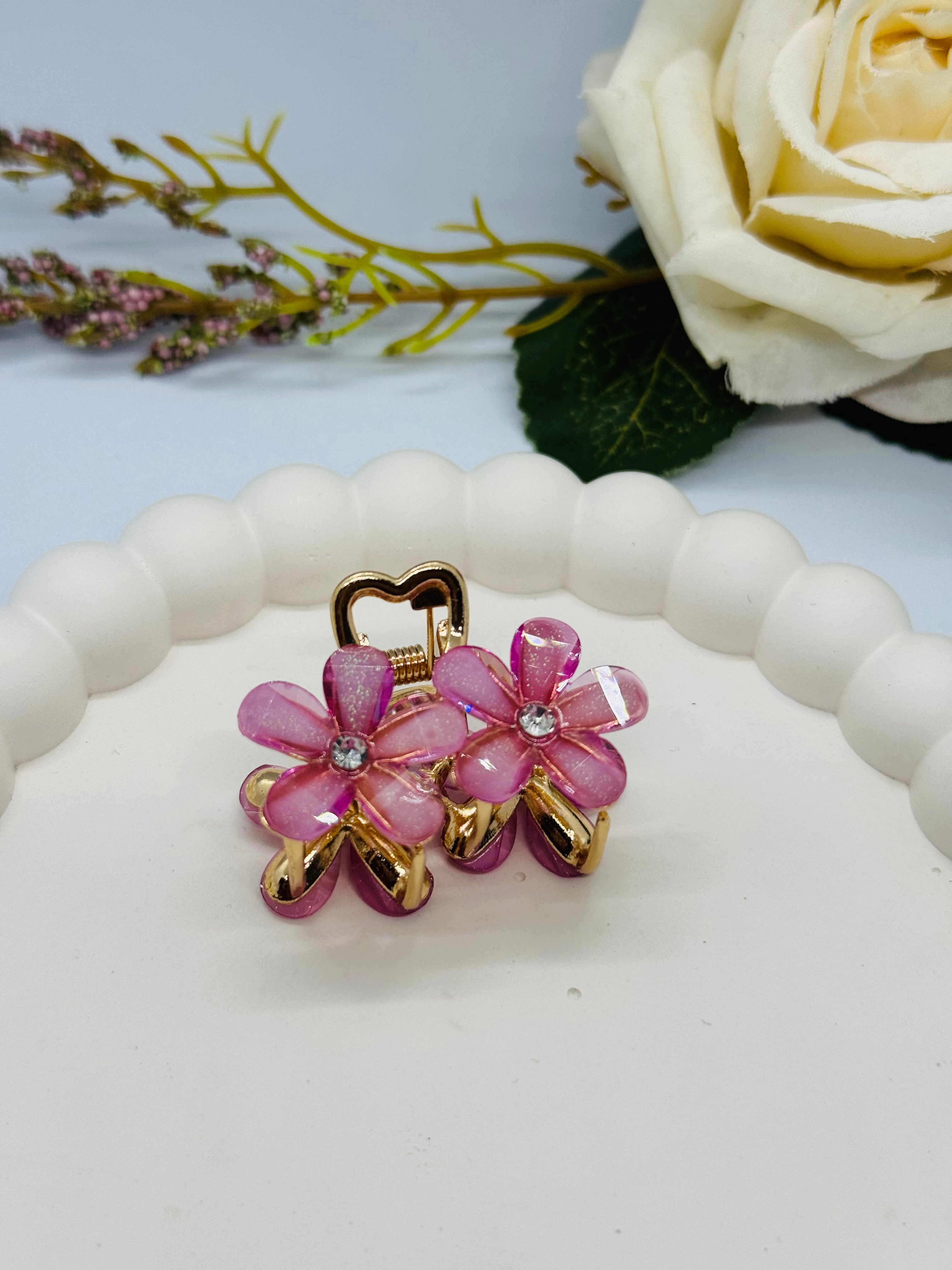 Pembe simli çiçek mini mandal toka
