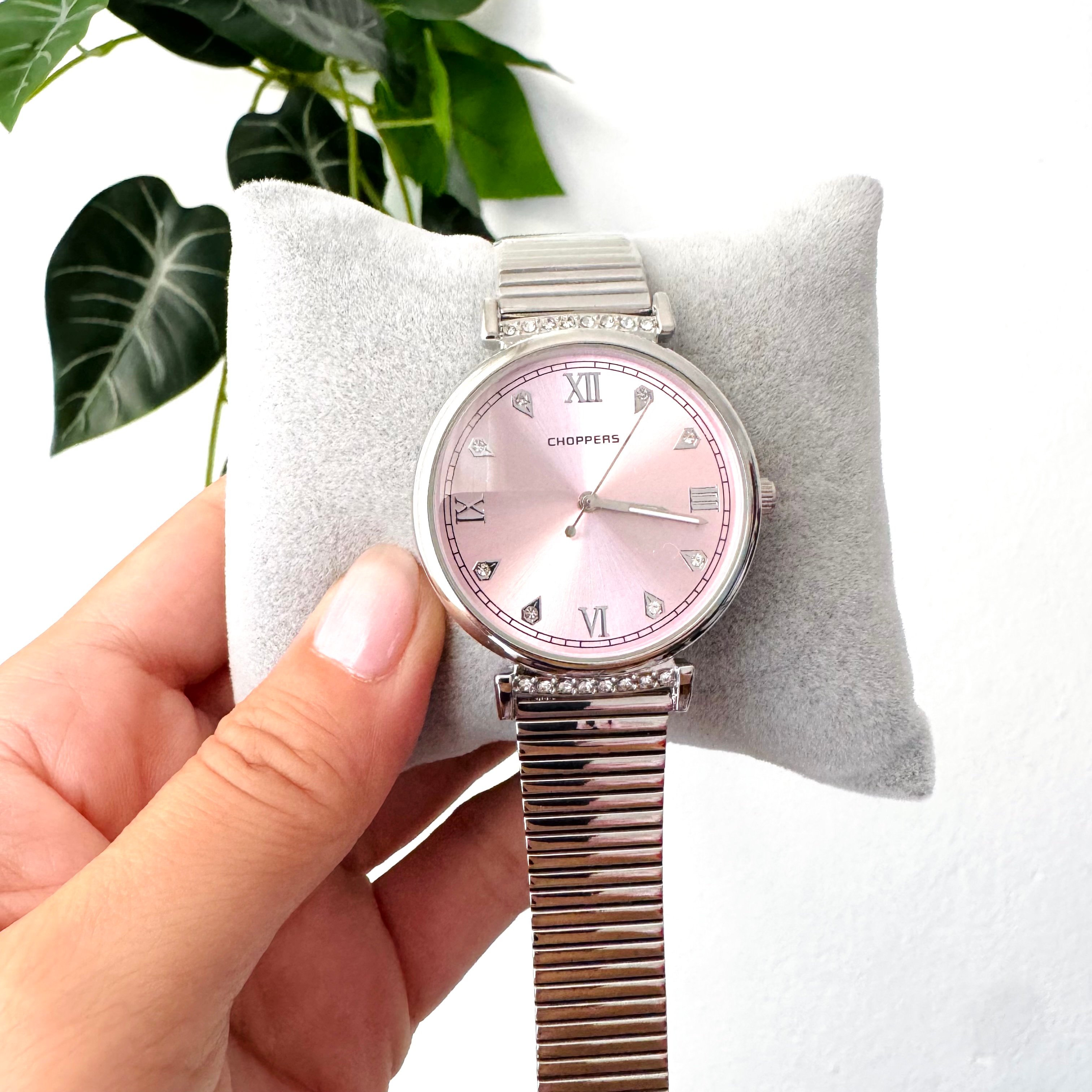 Gümüş renk pembe iç taşlı saat