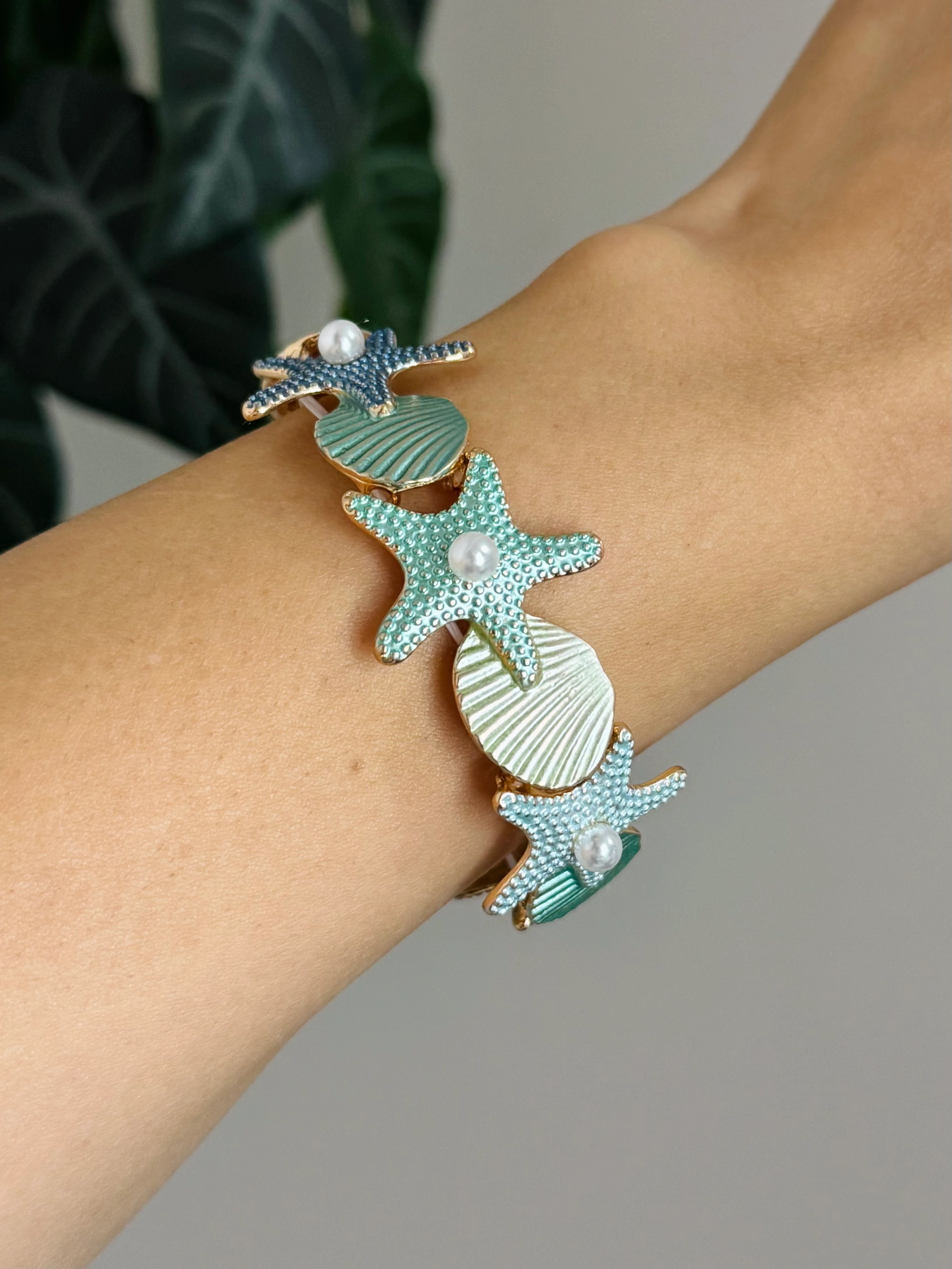 Deniz Kabuklu Yeşil Tonlu Lastikli Bileklik