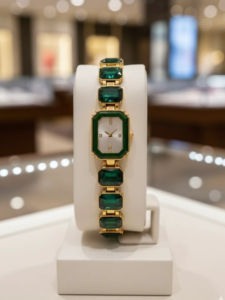 Altın Renk Koyu Yeşil Taşlı Saat