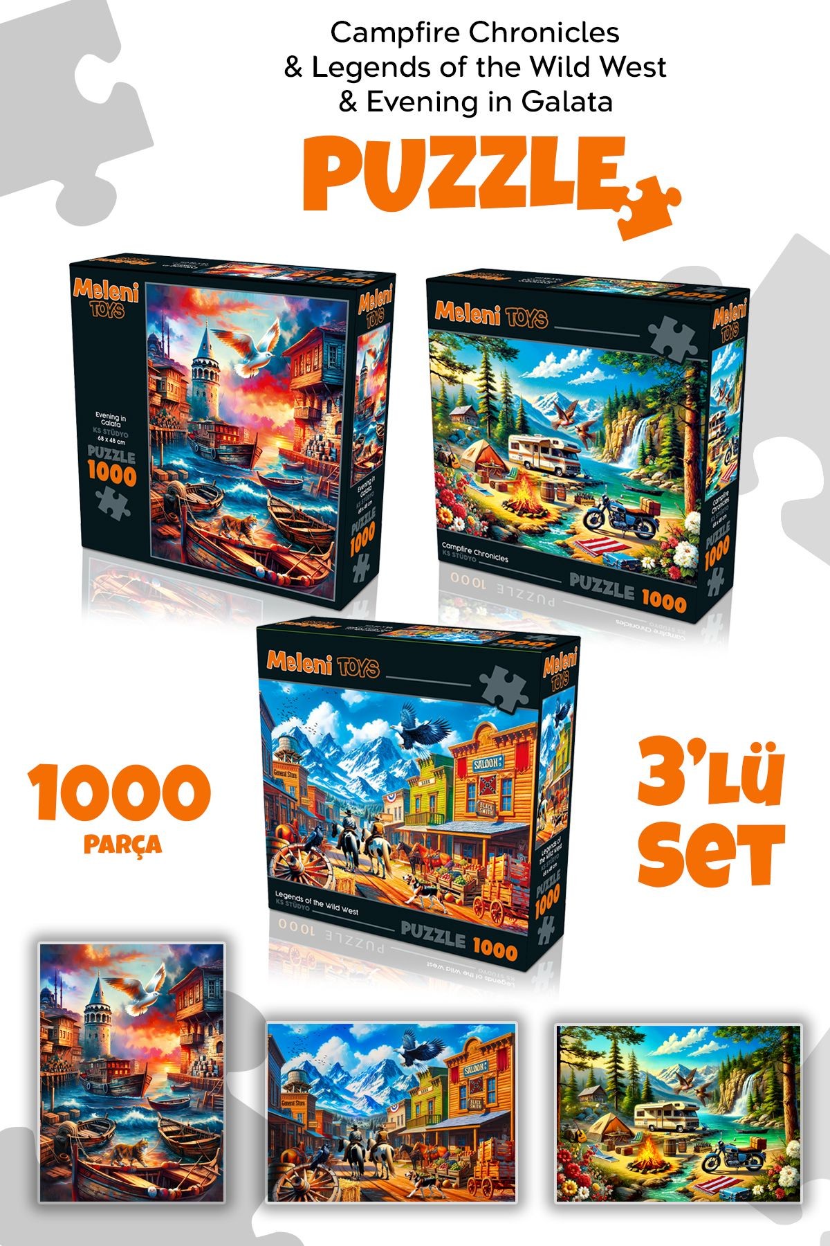 3 Adet 1000 Parça Puzzle - Galata Kulesi Manzara, Kamp Ateşi ve Vahşi Batı Kasabası Yapboz 68x48 cm