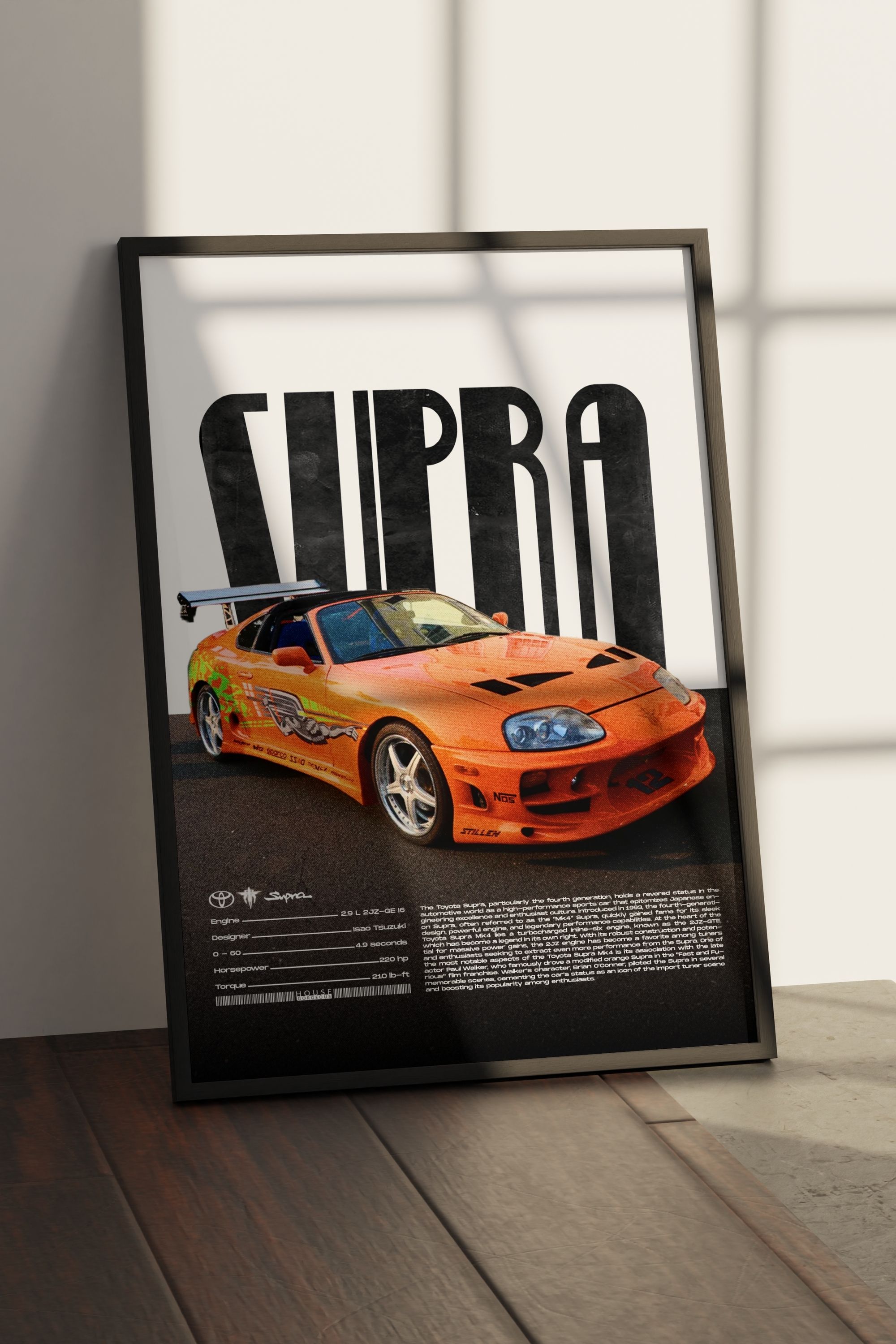 Toyota Supra Tasarımlı Çerçevesiz Poster | İkonik Otomobiller Koleksiyonu