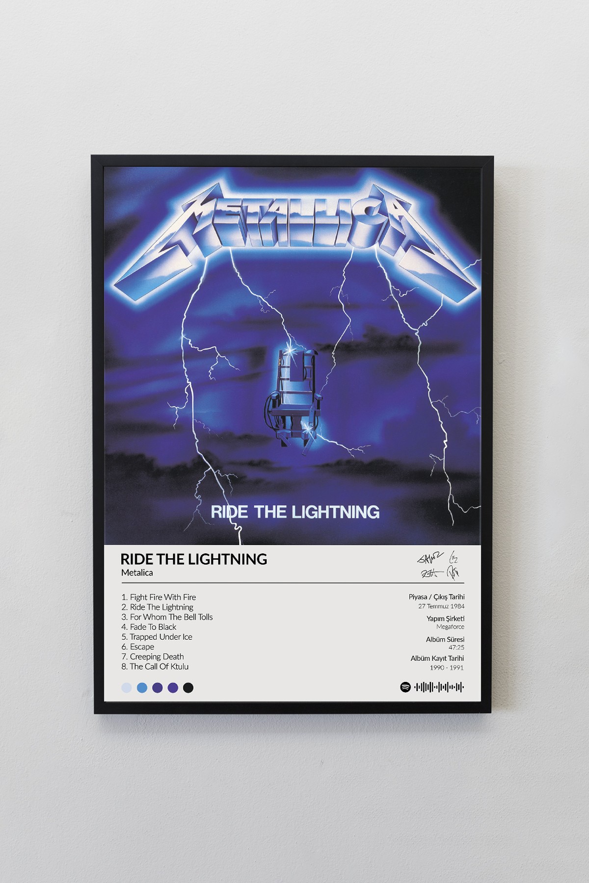Metallica Ride the Lightning Albümü Siyah Çerçeveli Spotify Barkodlu  Albüm Poster Tablo