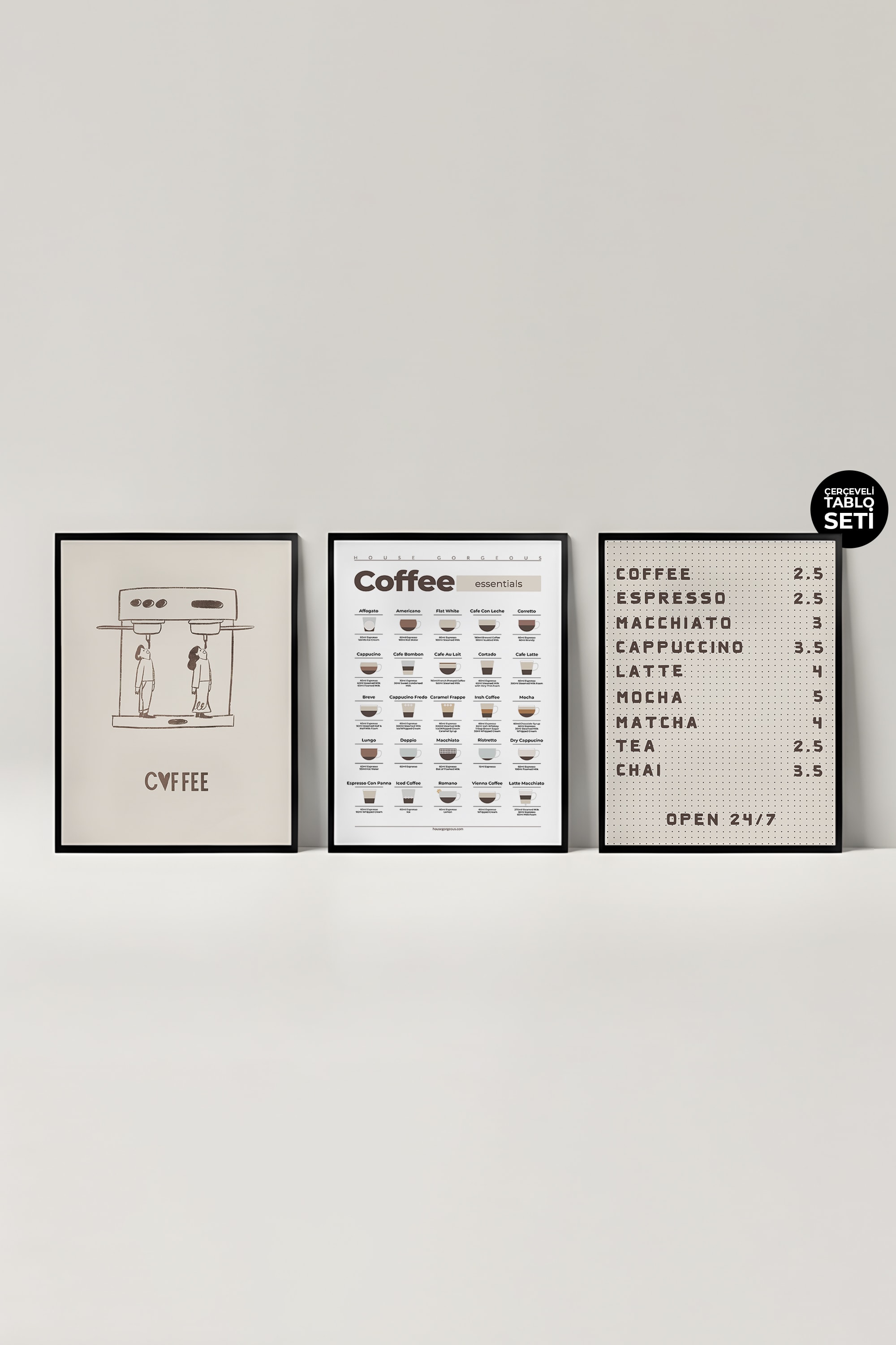 Kahve Coffee Tasarımlı Kahve Köşesi 3'lü Çerçeveli Tablo Seti Essentials Koleksiyonu