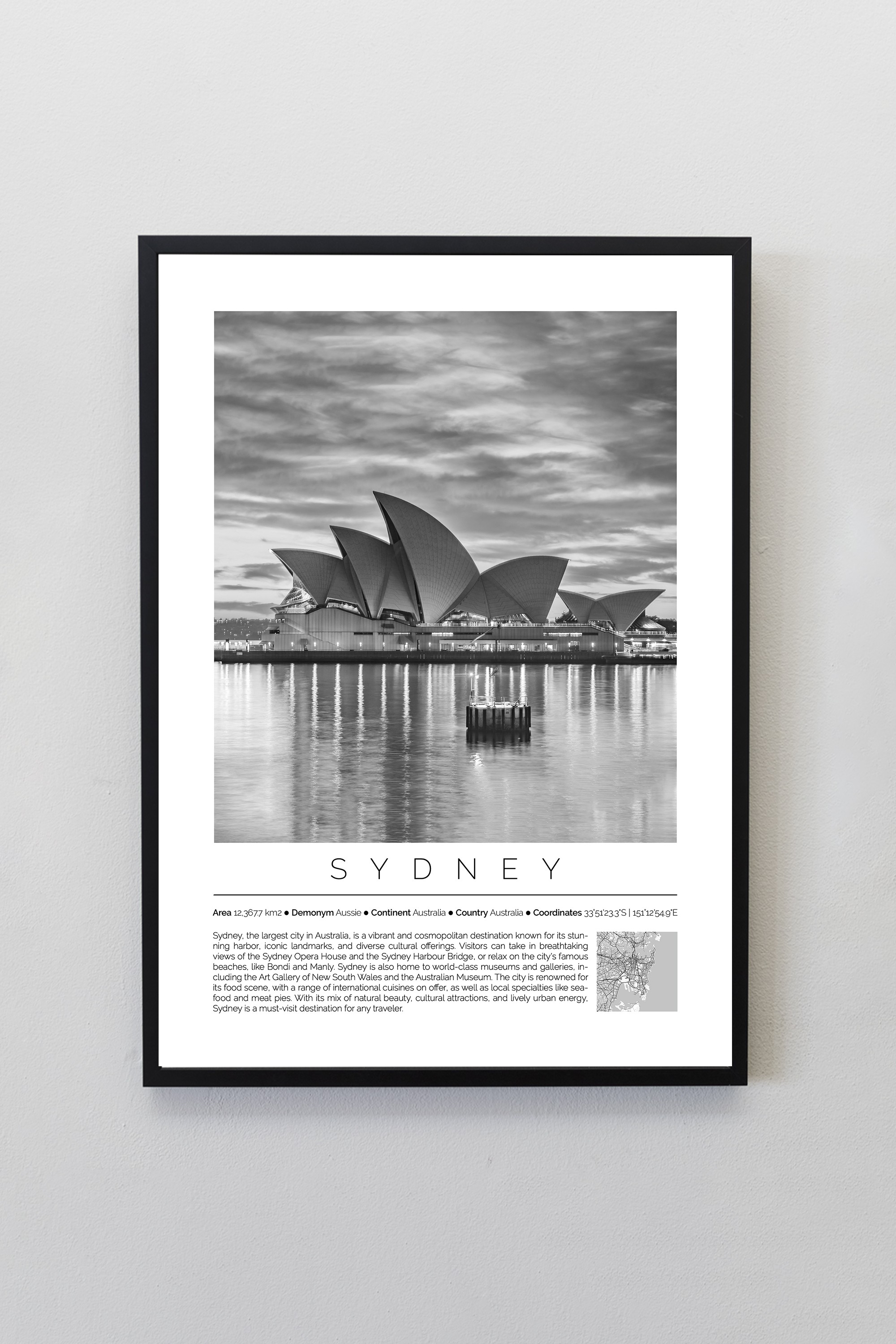 Sydney Avustralya Dünya Şehirleri Koleksiyonu Çerçeveli Monochrome Tasarım Tablo