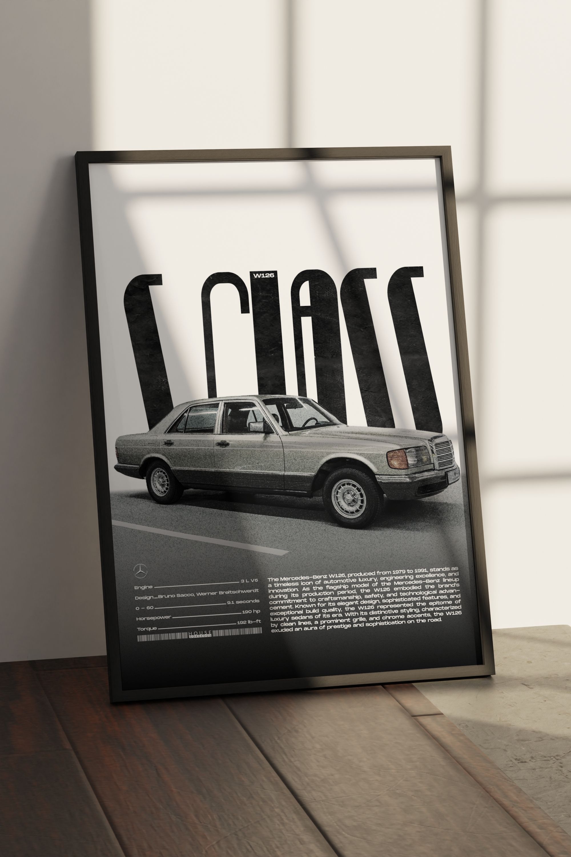 Mercedes Benz W126 S Class Tasarımlı Çerçevesiz Poster | İkonik Otomobiller Koleksiyonu