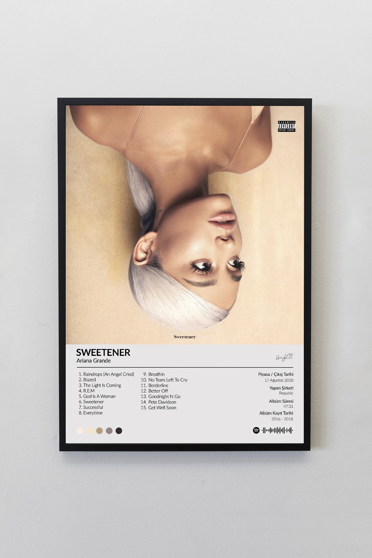 Ariana Grande Sweetener Albümü Siyah Çerçeveli Spotify Barkodlu  Albüm Poster Tablo